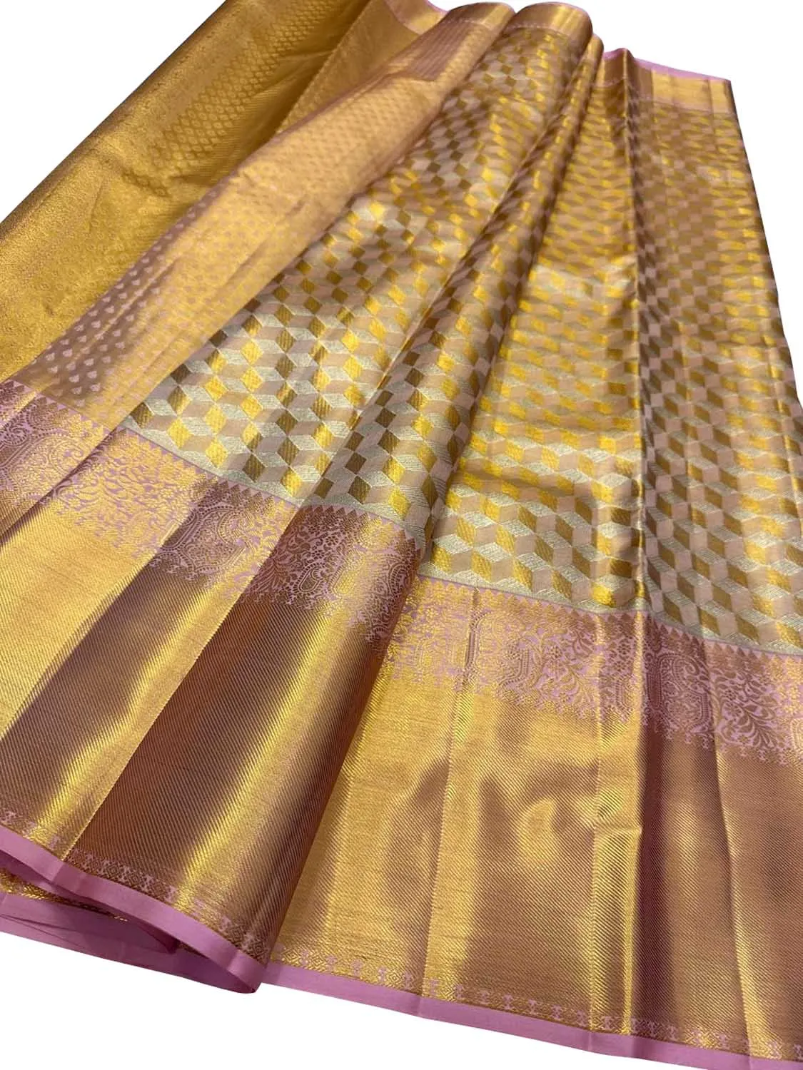 Exquisite Golden Kanjeevaram Silk Saree - Elegant Luxury