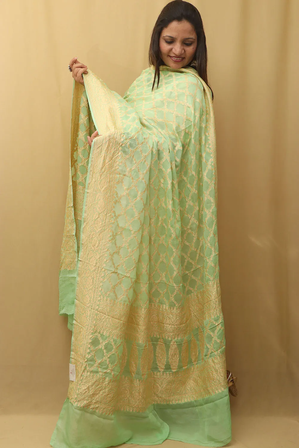 Exquisite Green Banarasi Handloom Pure Georgette Dupatta