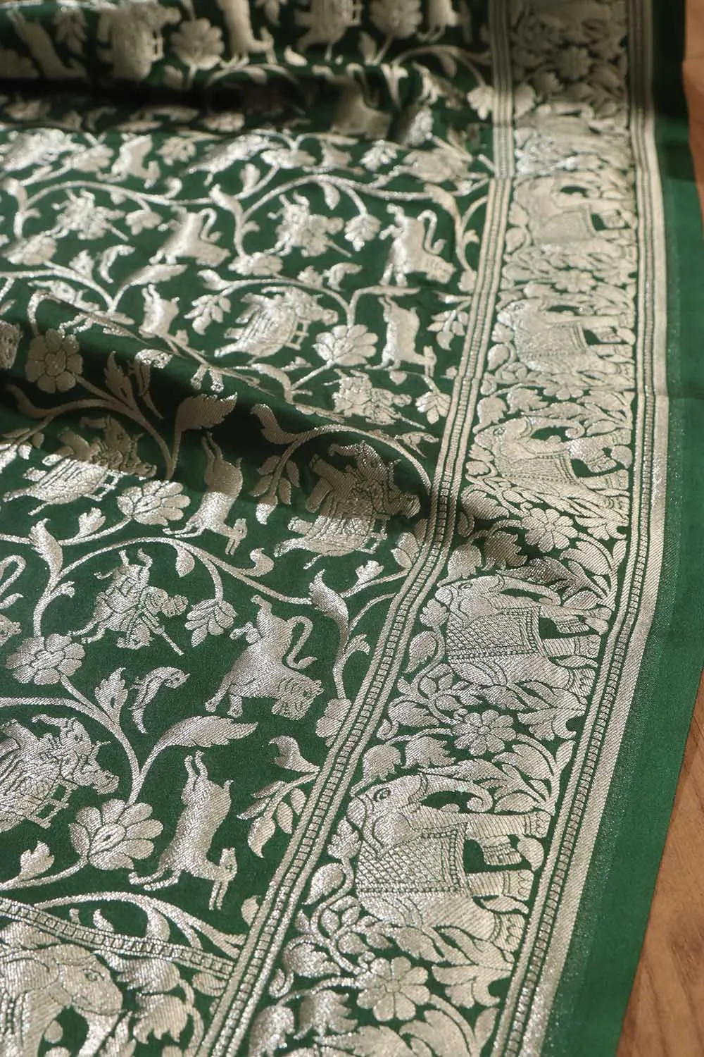 Exquisite Green Banarasi Silk Dupatta with Shikargah Design