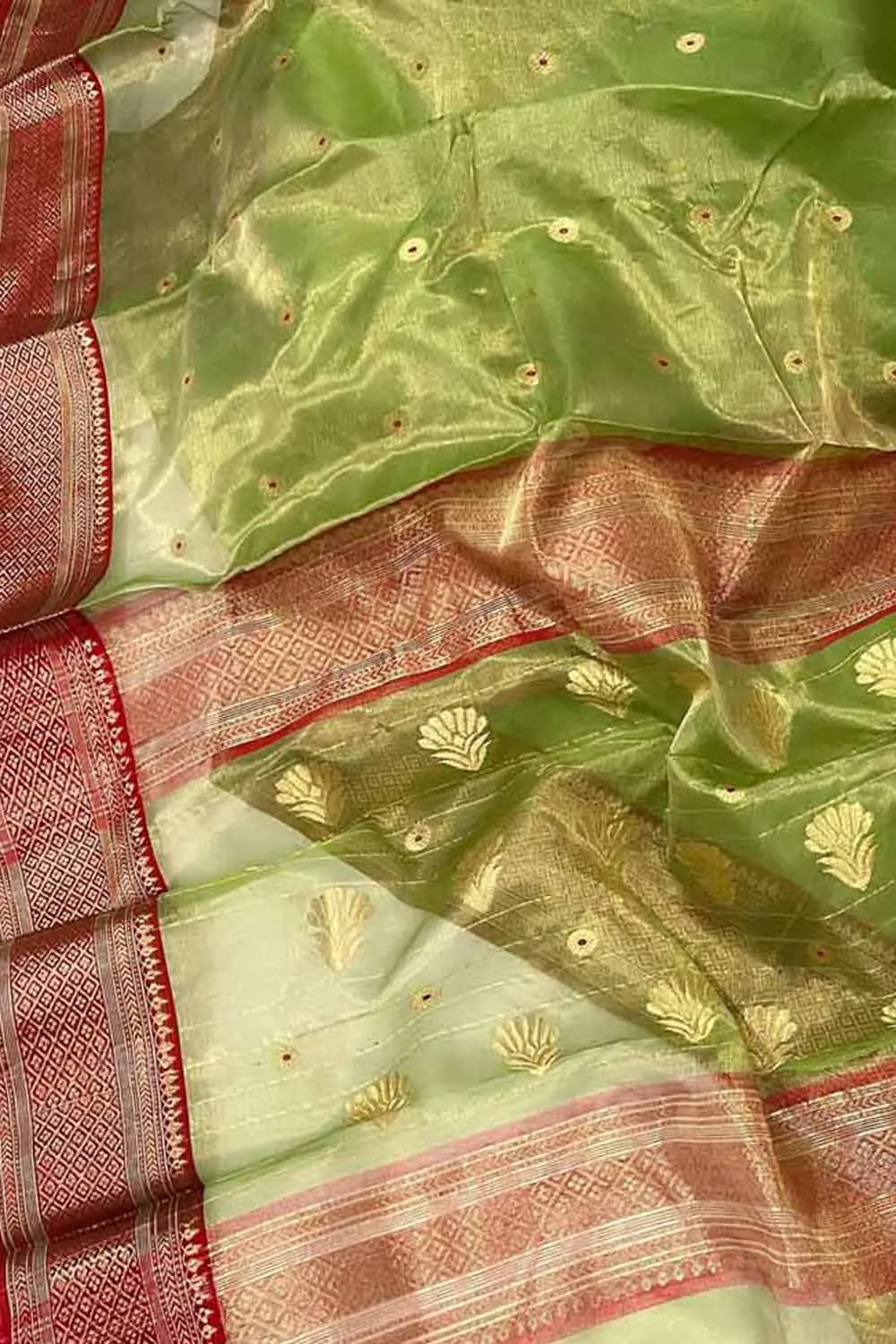 Exquisite Green Chanderi Handloom Tissue Katan Organza Saree