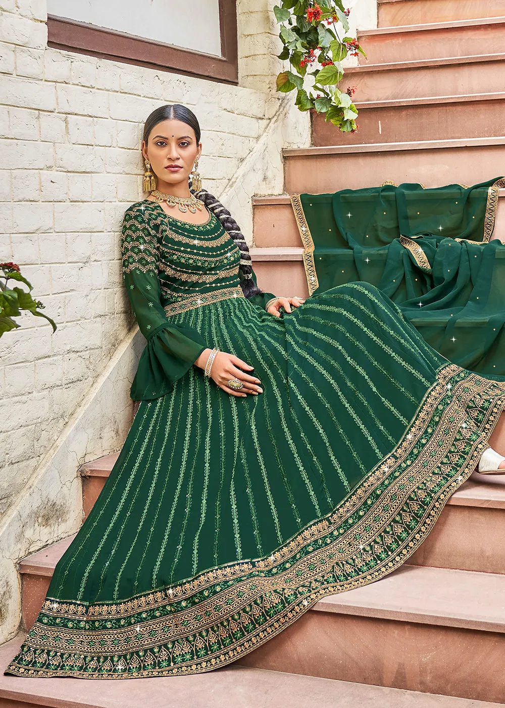 Exquisite Green Georgette Fabric Wedding Wear Anarkali Suit