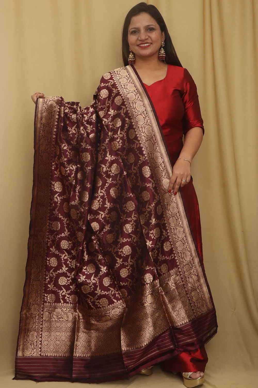Exquisite Maroon Banarasi Handloom Pure Katan Silk Dupatta