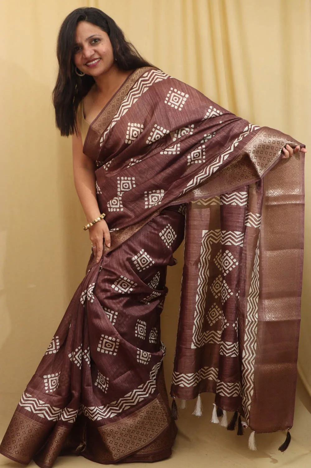 Exquisite Maroon Block Printed Tussar Silk Saree