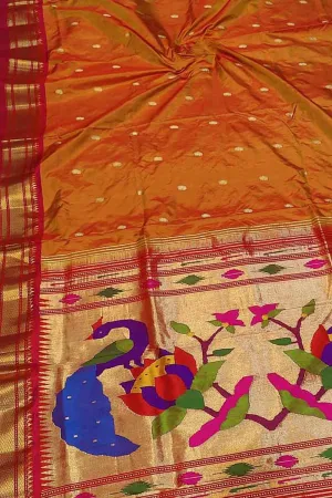 Exquisite Orange Paithani Pure Silk Saree Handloomed