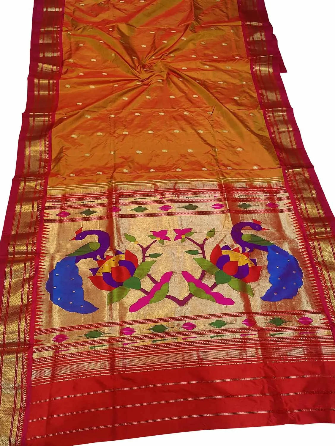 Exquisite Orange Paithani Pure Silk Saree Handloomed