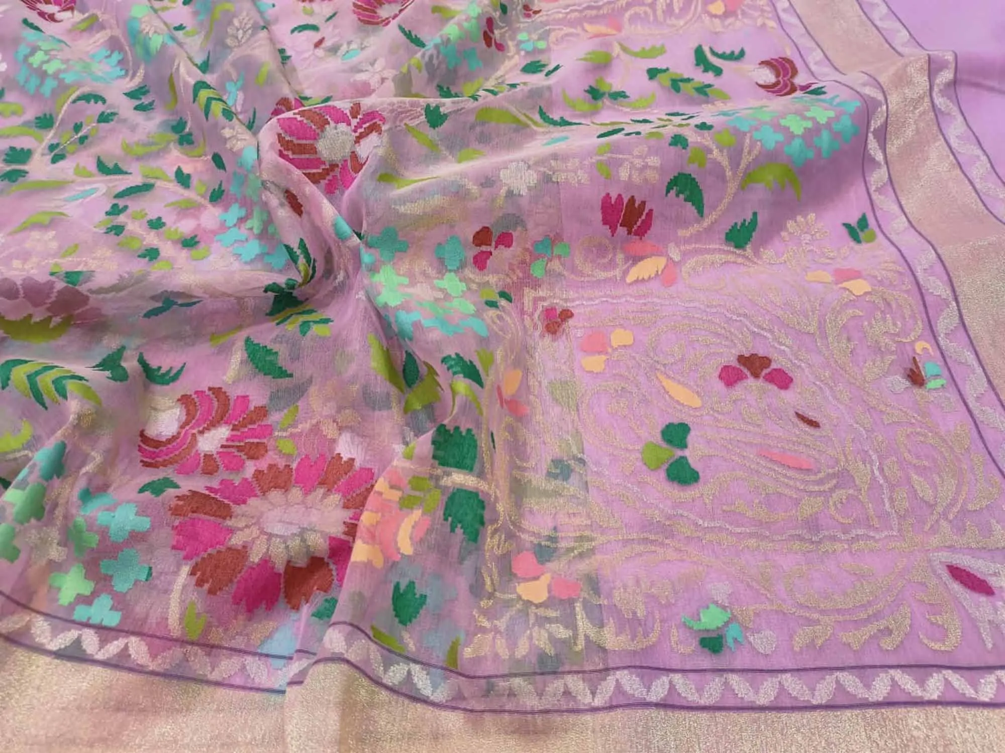 Exquisite Pink Handloom Kora Silk Jamdani Saree