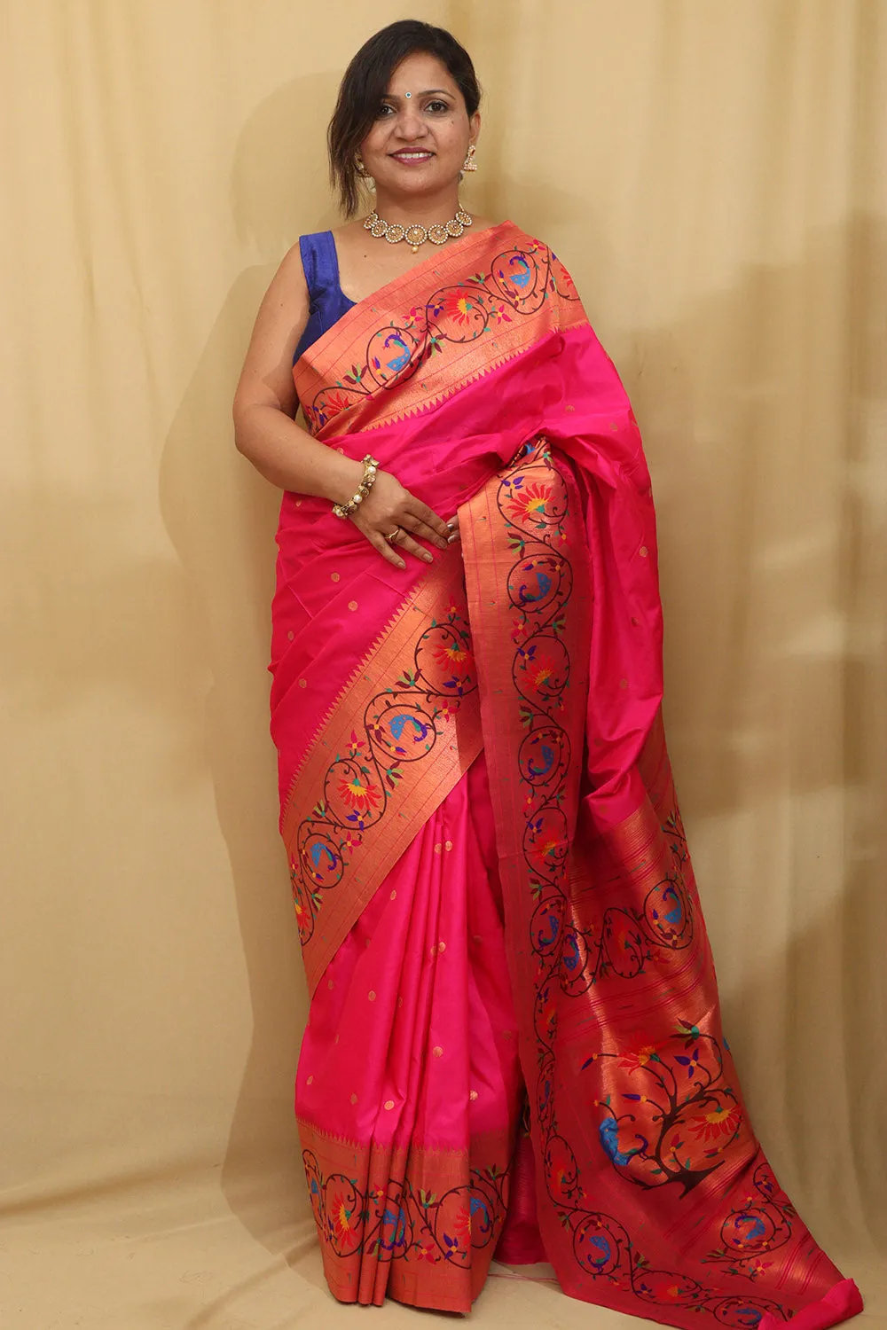 Exquisite Pink Paithani Silk Saree with Peacock & Flower