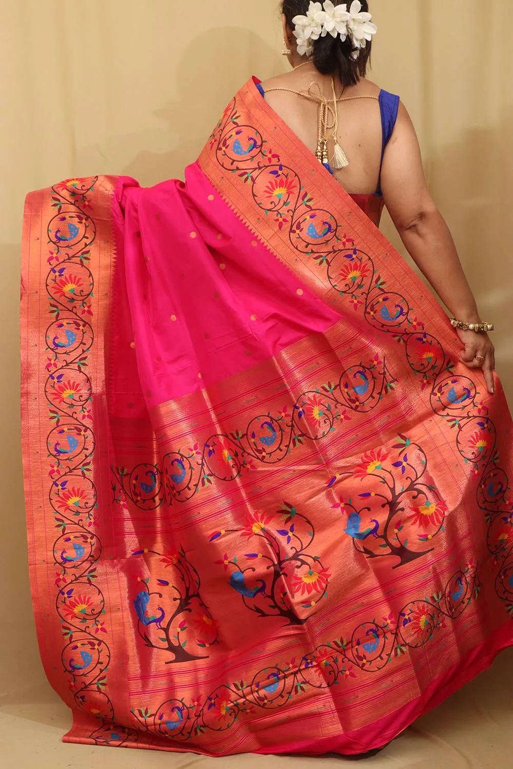 Exquisite Pink Paithani Silk Saree with Peacock & Flower