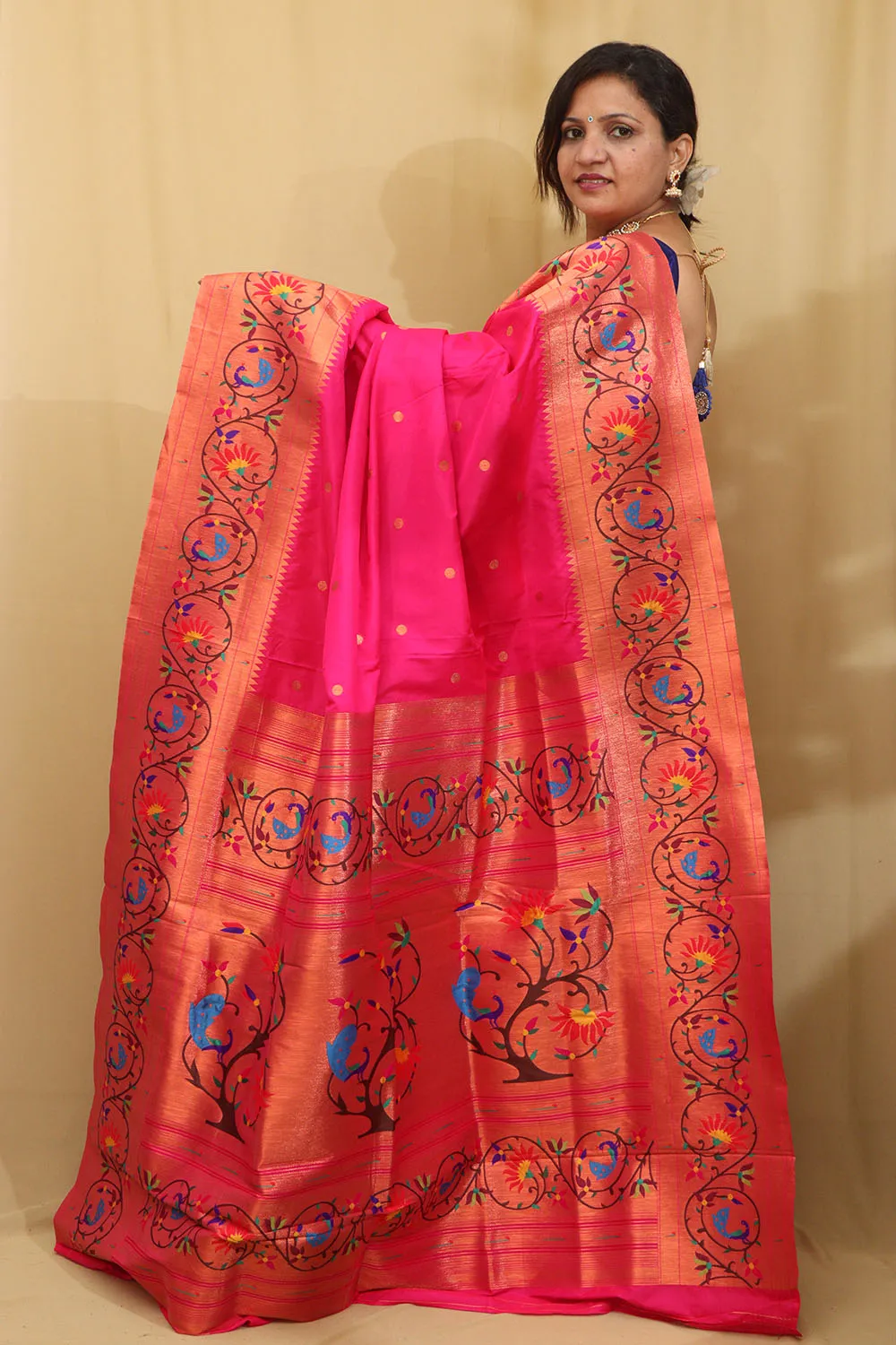 Exquisite Pink Paithani Silk Saree with Peacock & Flower