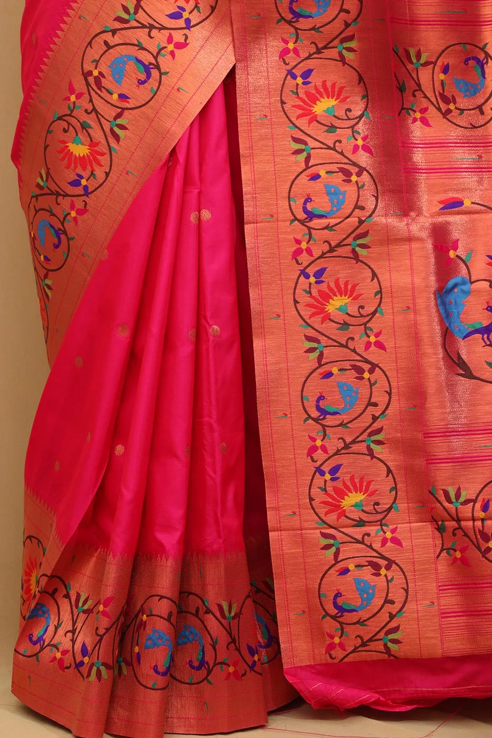 Exquisite Pink Paithani Silk Saree with Peacock & Flower