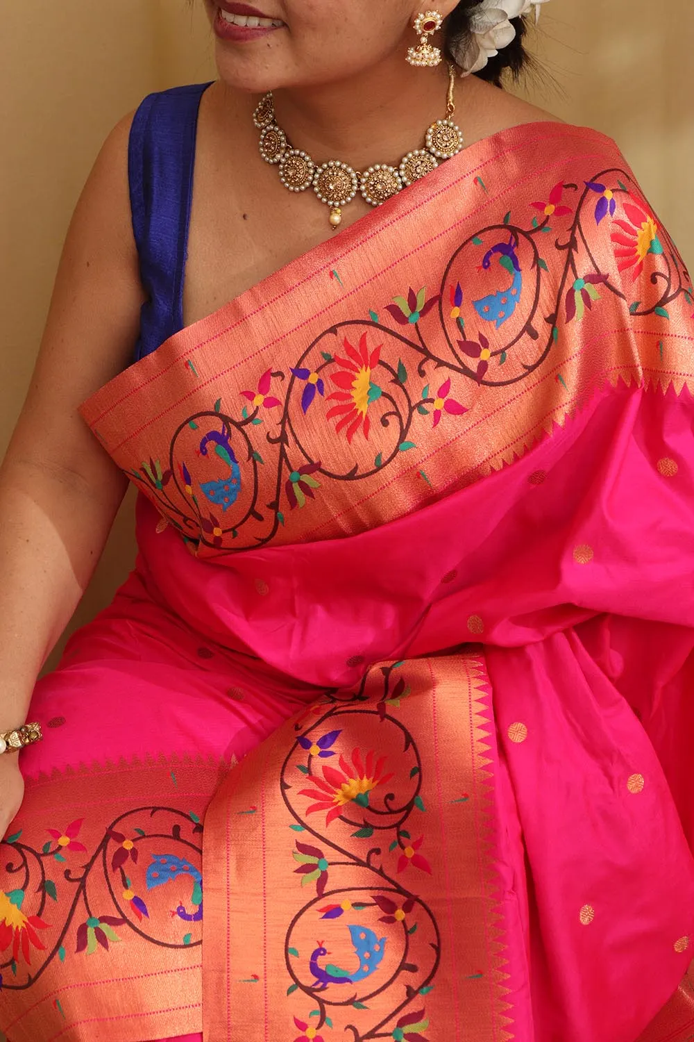 Exquisite Pink Paithani Silk Saree with Peacock & Flower