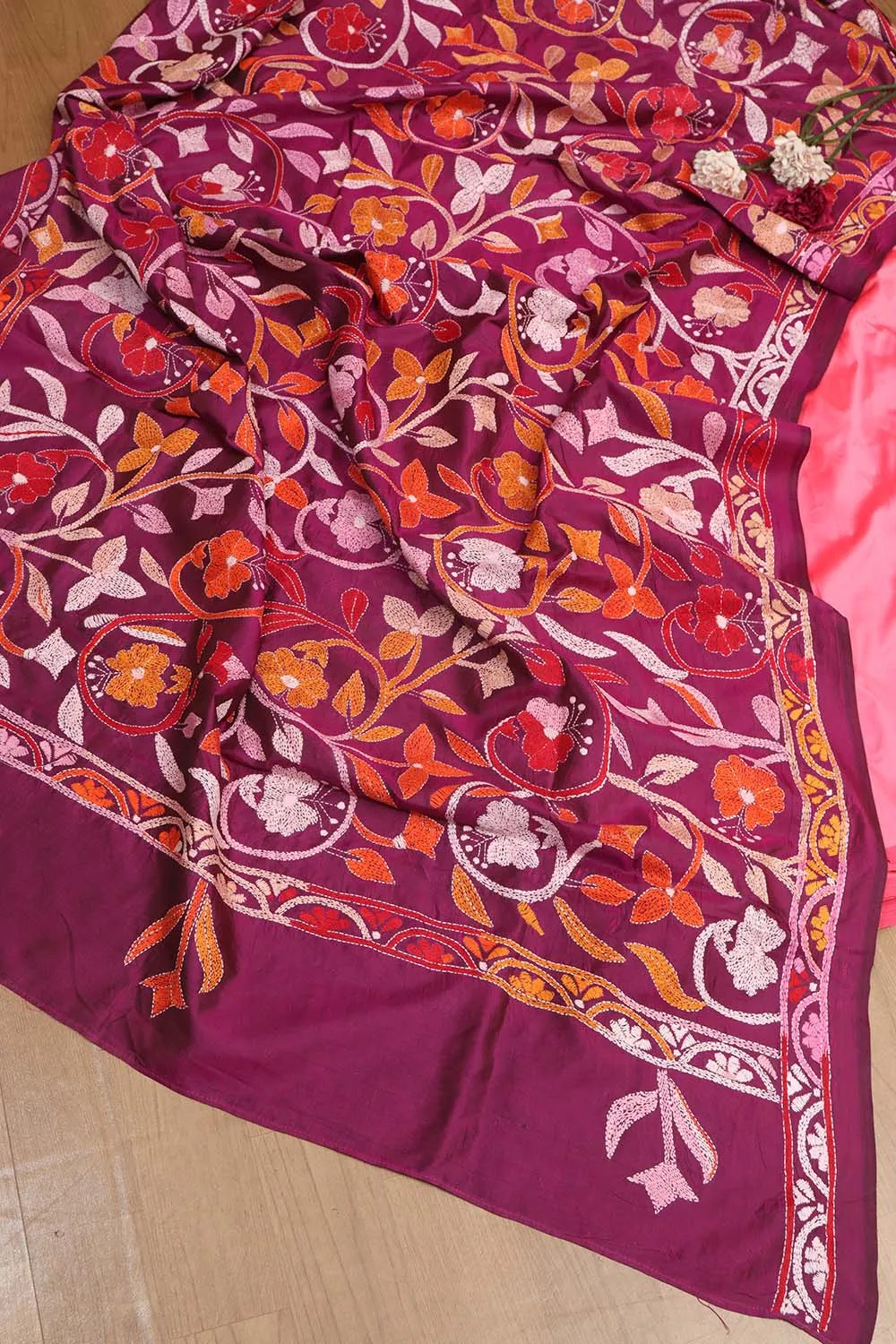 Exquisite Pink Silk Suit with Purple Embroidered Dupatta