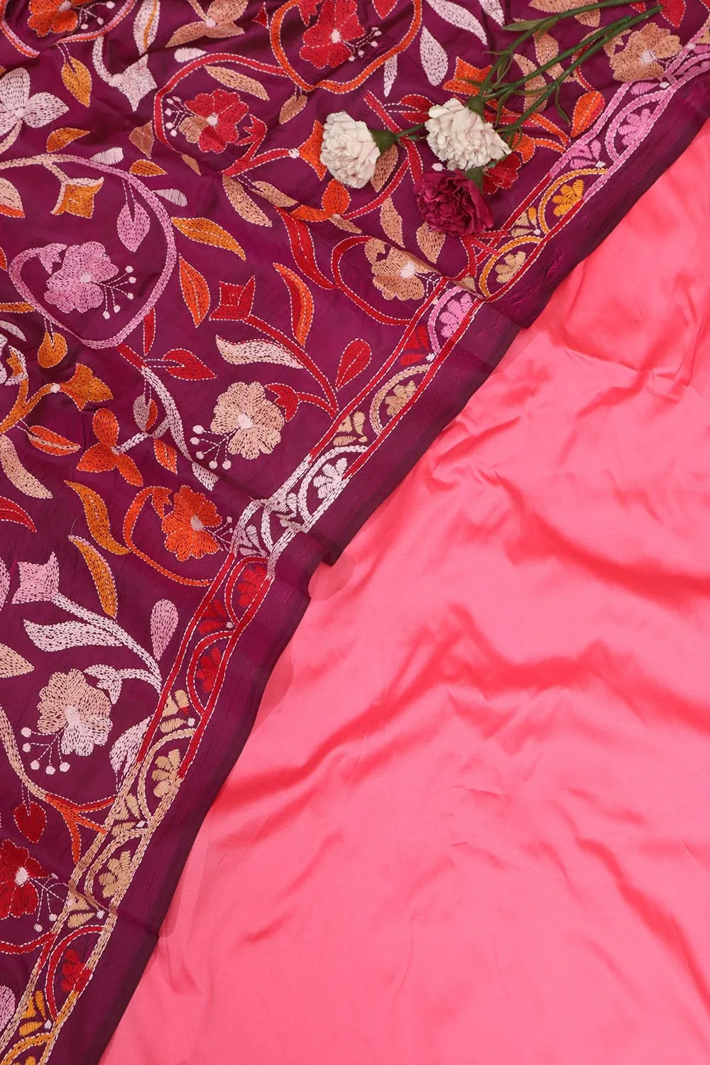 Exquisite Pink Silk Suit with Purple Embroidered Dupatta