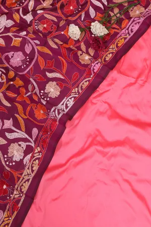 Exquisite Pink Silk Suit with Purple Embroidered Dupatta
