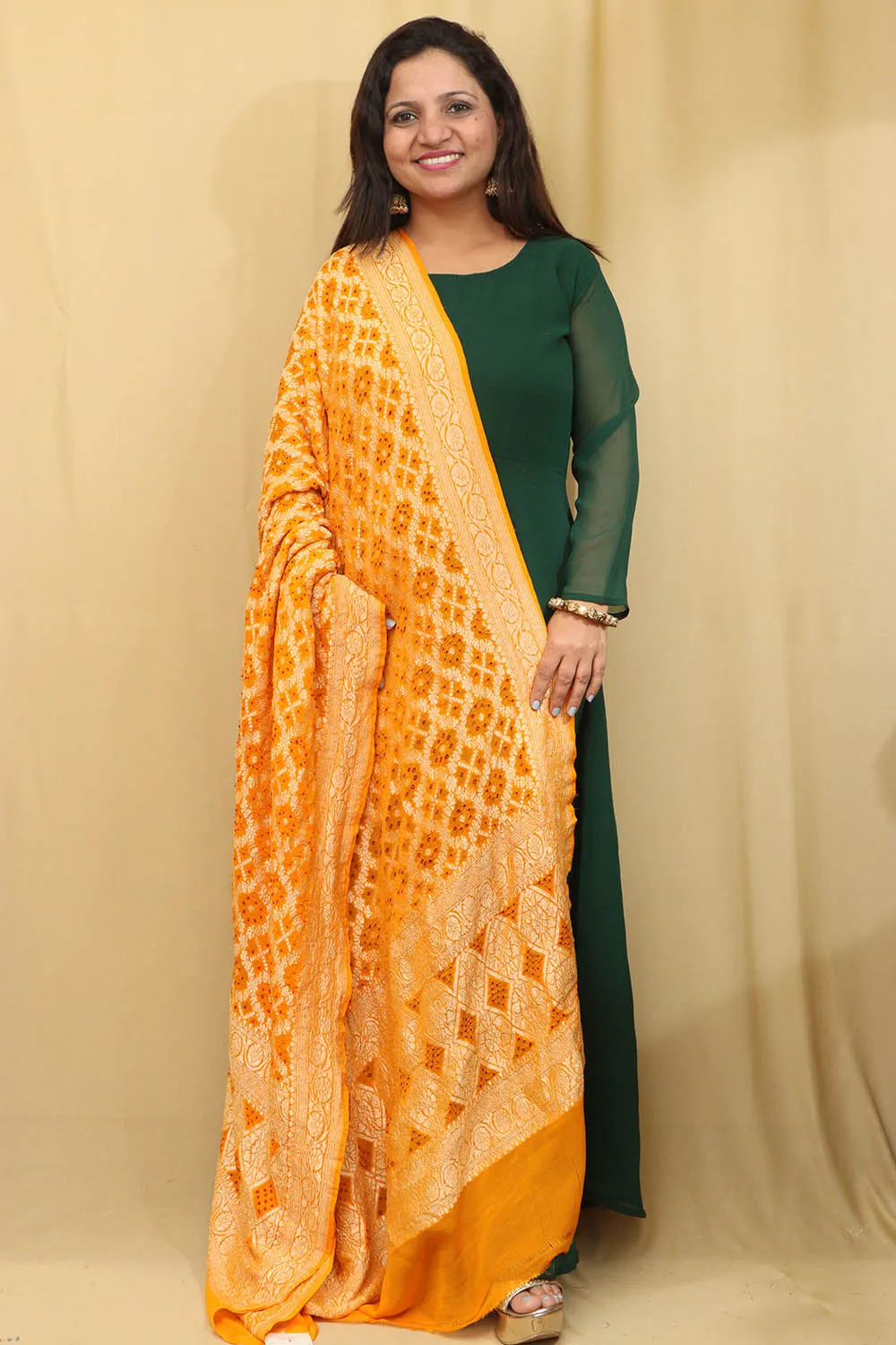 Exquisite Yellow Banarasi Bandhani Pure Georgette Dupatta
