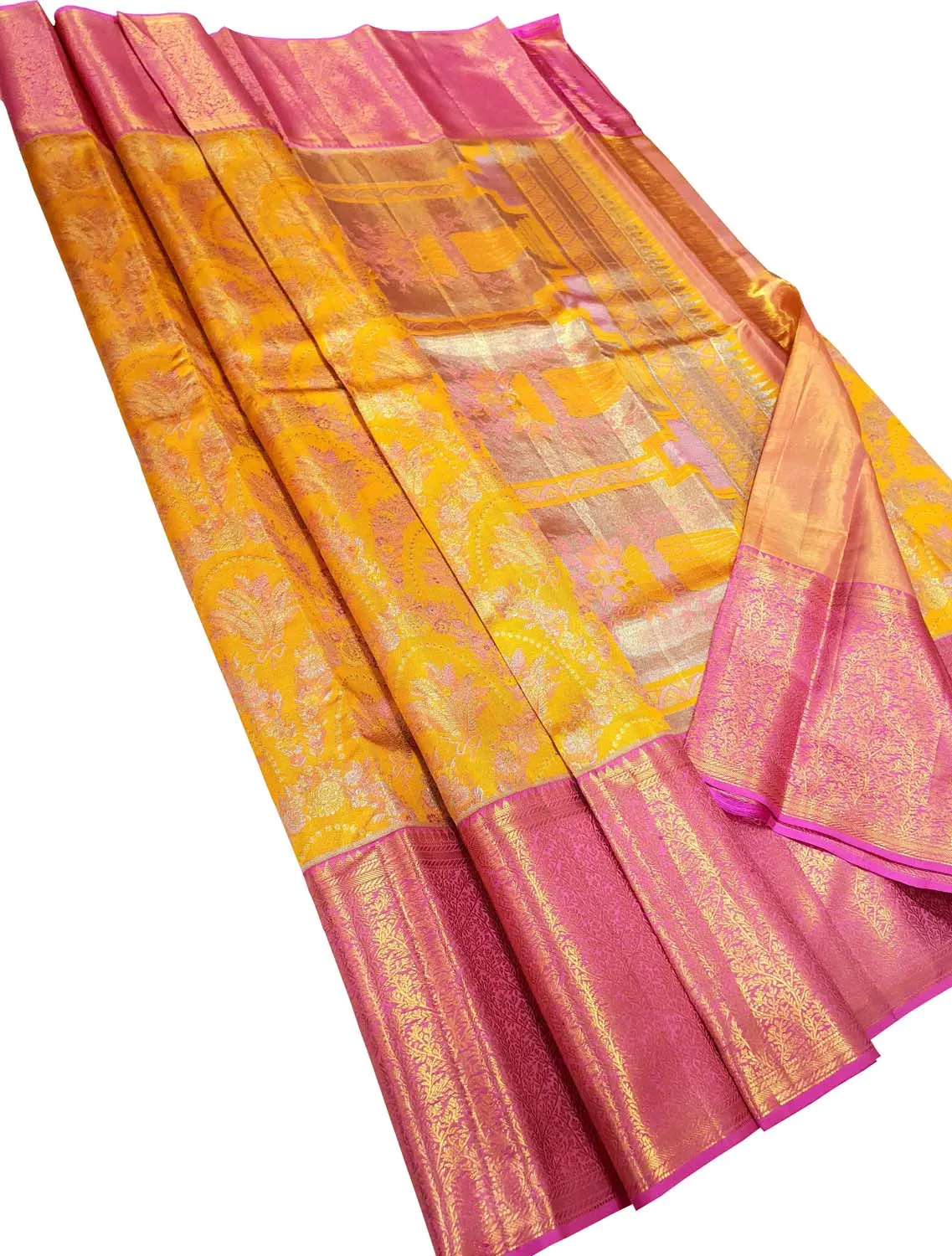 Exquisite Yellow Kanjeevaram Handloom Pure Tissue Silk Saree
