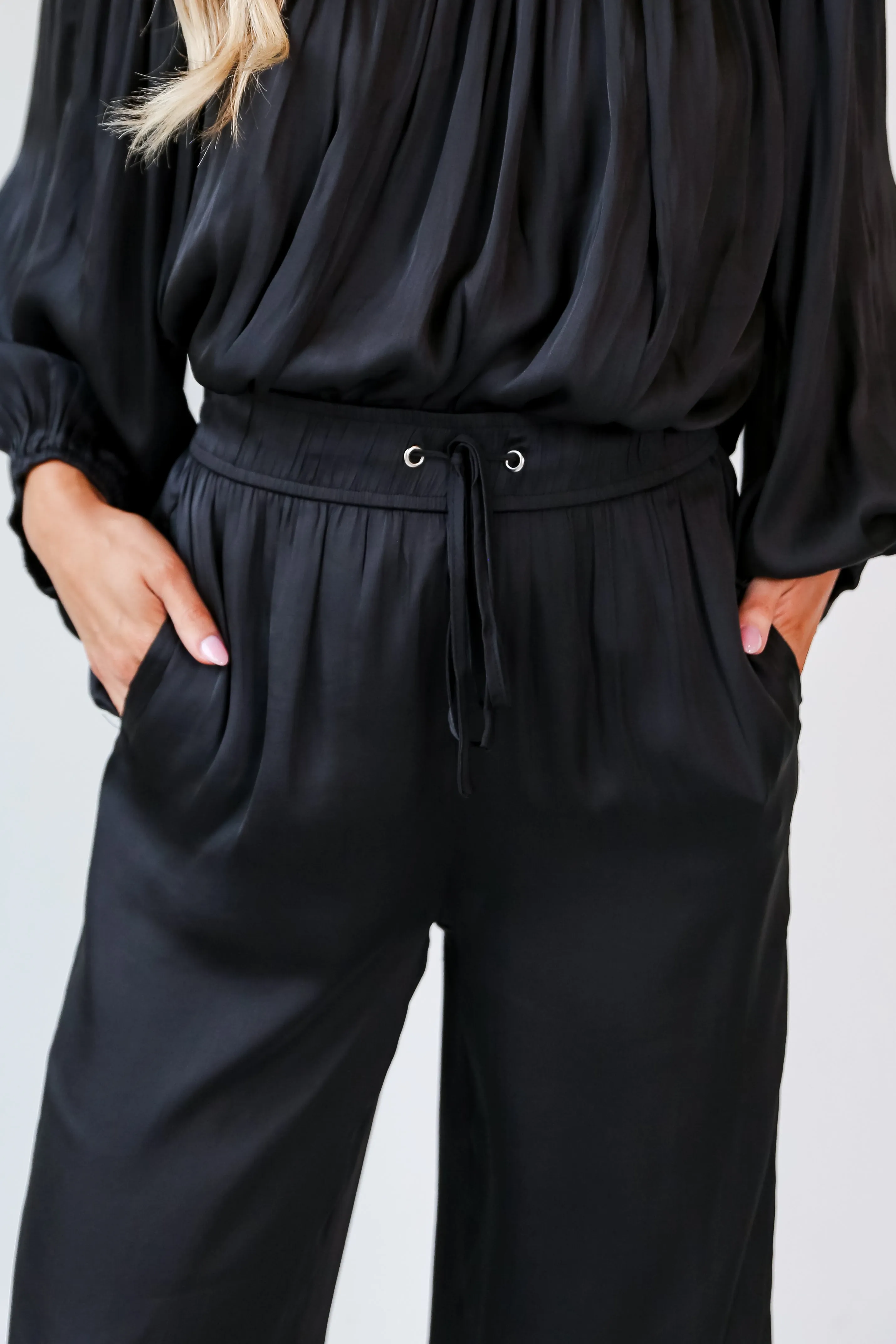 FINAL SALE - Exquisite Shine Black Satin Wide Leg Pants