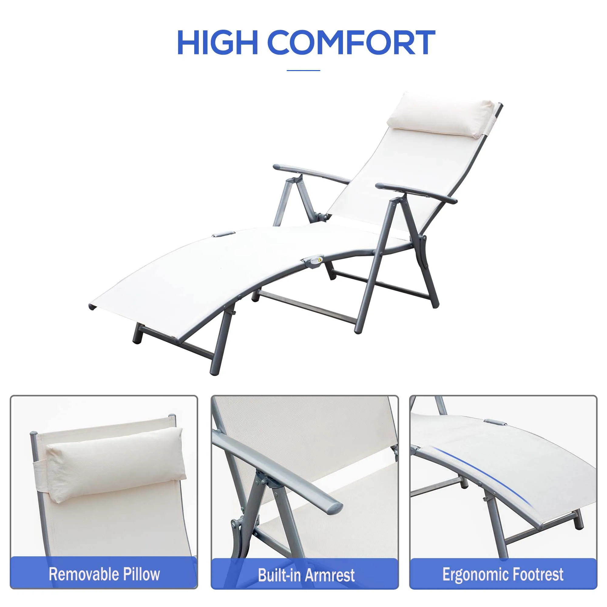 Garden Lounger Steel Frame Outdoor Folding Chaise Recliner with Headrest & 7 Levels Adjustable Backrest, 81.5L x 20.5W x 64.5H, Cream White
