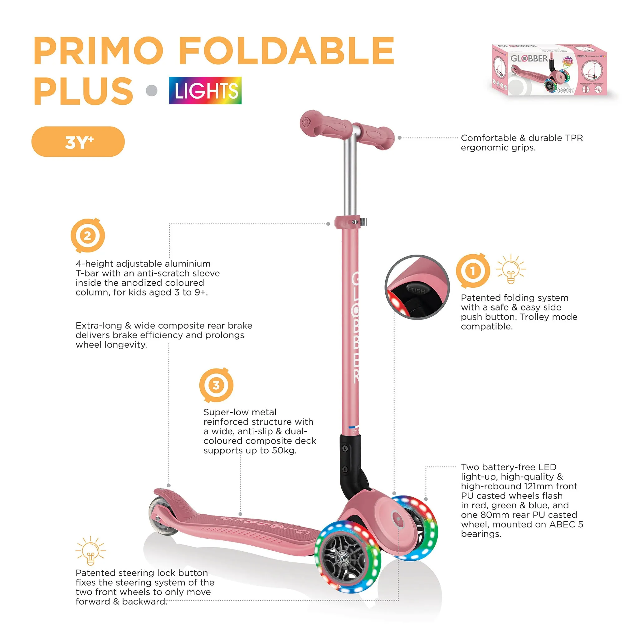 Globber Primo Foldable Plus Lights - Navy Blue (3y - 9y)
