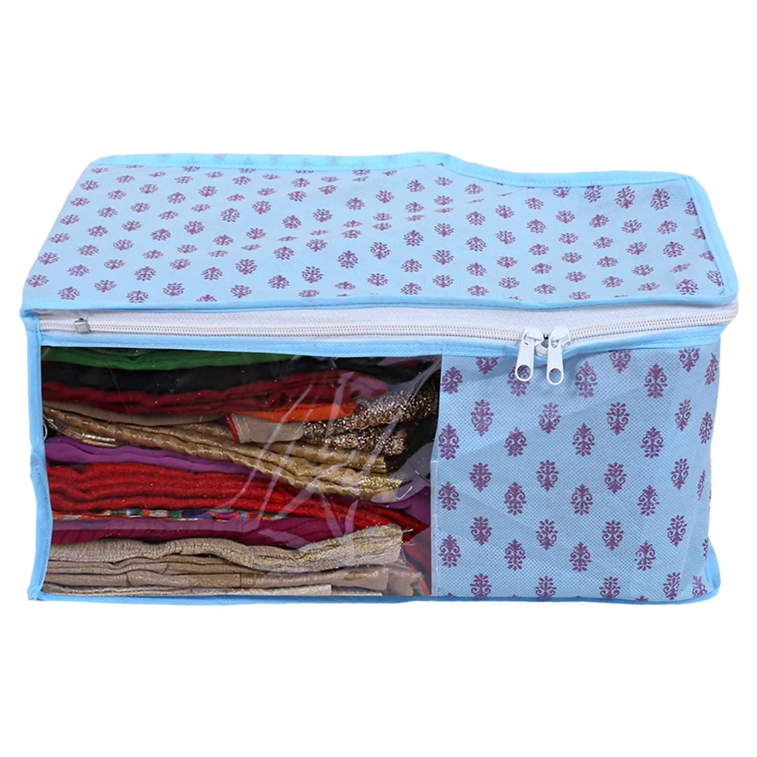 Heart Home Non-Woven Floral Print Foldable Blouse Cover|Clothes Organizer For Home & Traveling With Front Window Extra Large Pack of 6 (Sky Blue)