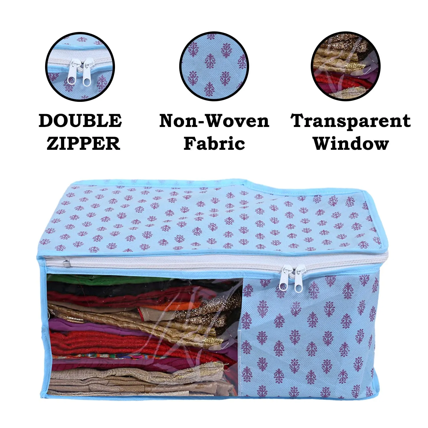 Heart Home Non-Woven Floral Print Foldable Blouse Cover|Clothes Organizer For Home & Traveling With Front Window Extra Large Pack of 6 (Sky Blue)