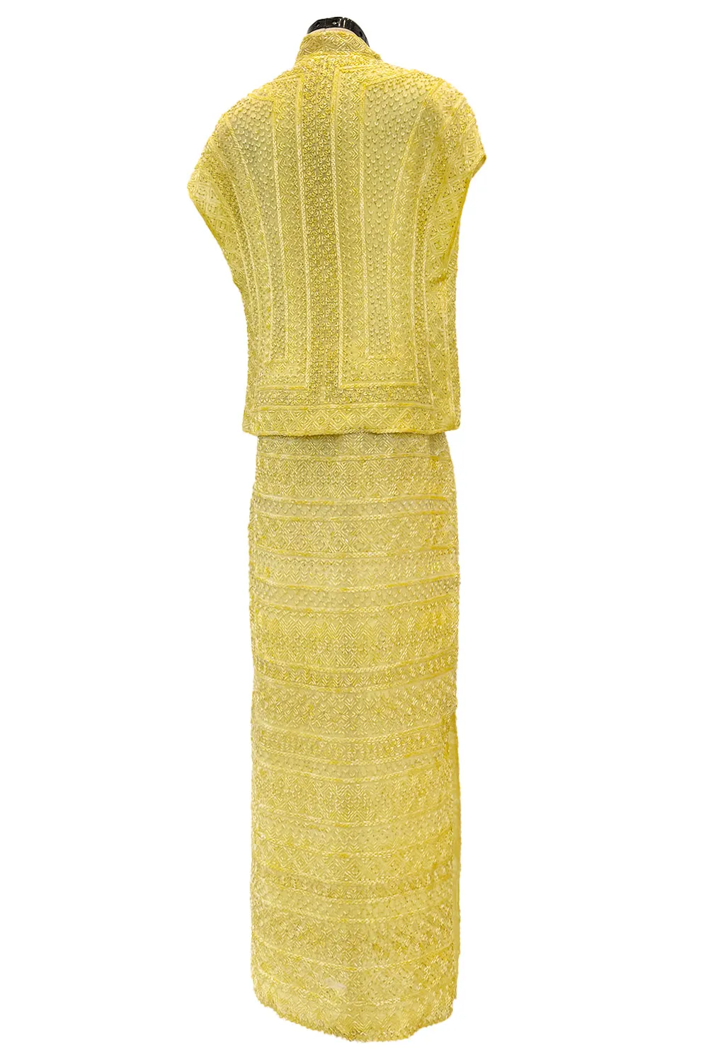Incredible Late 1970s Halston Couture Hand Beaded Silk Skirt & Sleeveless Top Set in Yellow