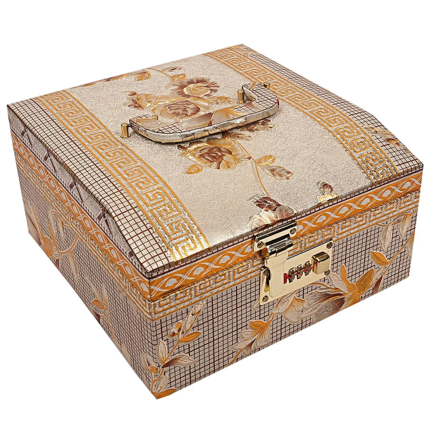 Kuber Industries Circle Design Wooden Jewellery Box & Travel Jewellery Box With 2 Bangle Rod, Mirror & Number Lock System - Pack of 2 (Gold)-47KM0543