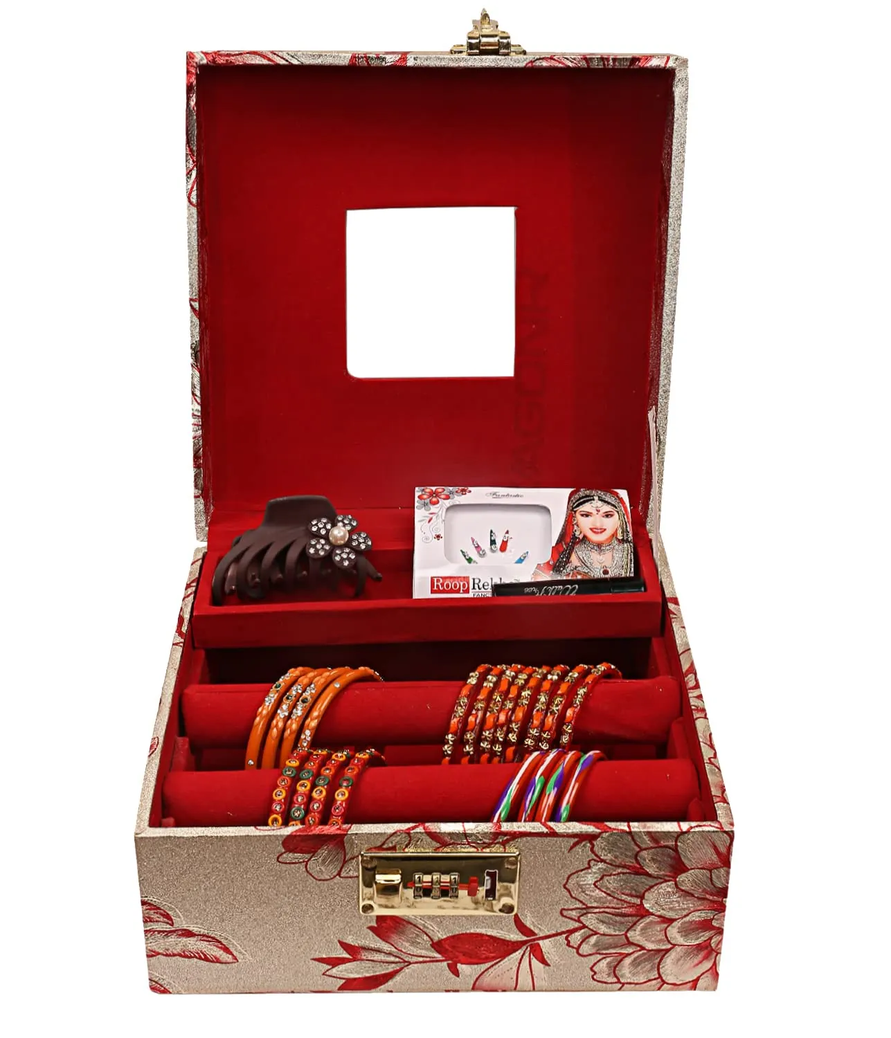 Kuber Industries Circle Design Wooden Jewellery Box & Travel Jewellery Box With 2 Bangle Rod, Mirror & Number Lock System - Pack of 2 (Gold)-47KM0543