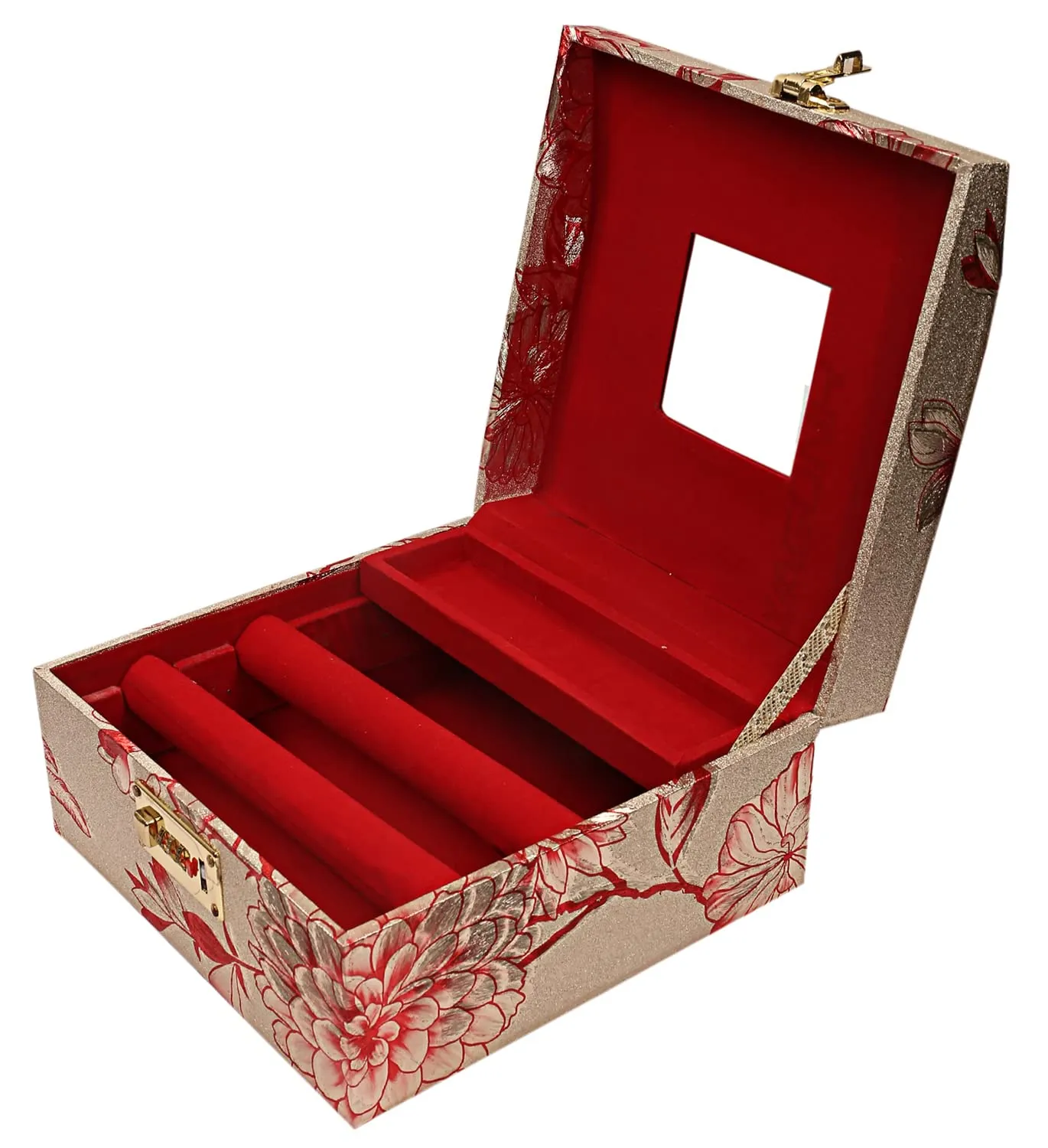Kuber Industries Circle Design Wooden Jewellery Box & Travel Jewellery Box With 2 Bangle Rod, Mirror & Number Lock System - Pack of 2 (Gold)-47KM0543
