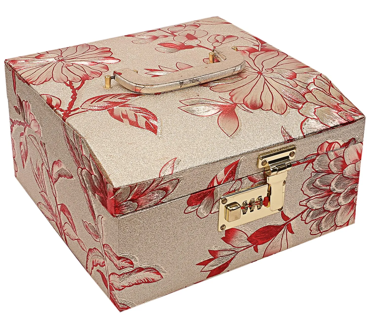 Kuber Industries Circle Design Wooden Jewellery Box & Travel Jewellery Box With 2 Bangle Rod, Mirror & Number Lock System - Pack of 2 (Gold)-47KM0543