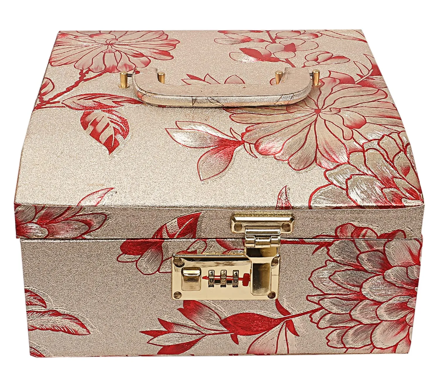 Kuber Industries Circle Design Wooden Jewellery Box & Travel Jewellery Box With 2 Bangle Rod, Mirror & Number Lock System - Pack of 2 (Gold)-47KM0543