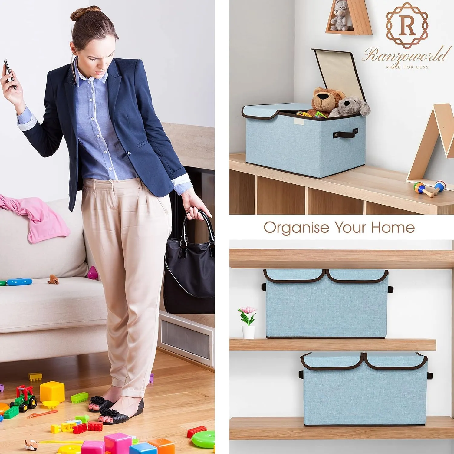 Kuber Industries Double Lid Foldable Storage Box|Toys Storage Bin|Wardrobe Organizer For Clothes|Front Handle & Stackable Pack Of-3 (Blue)