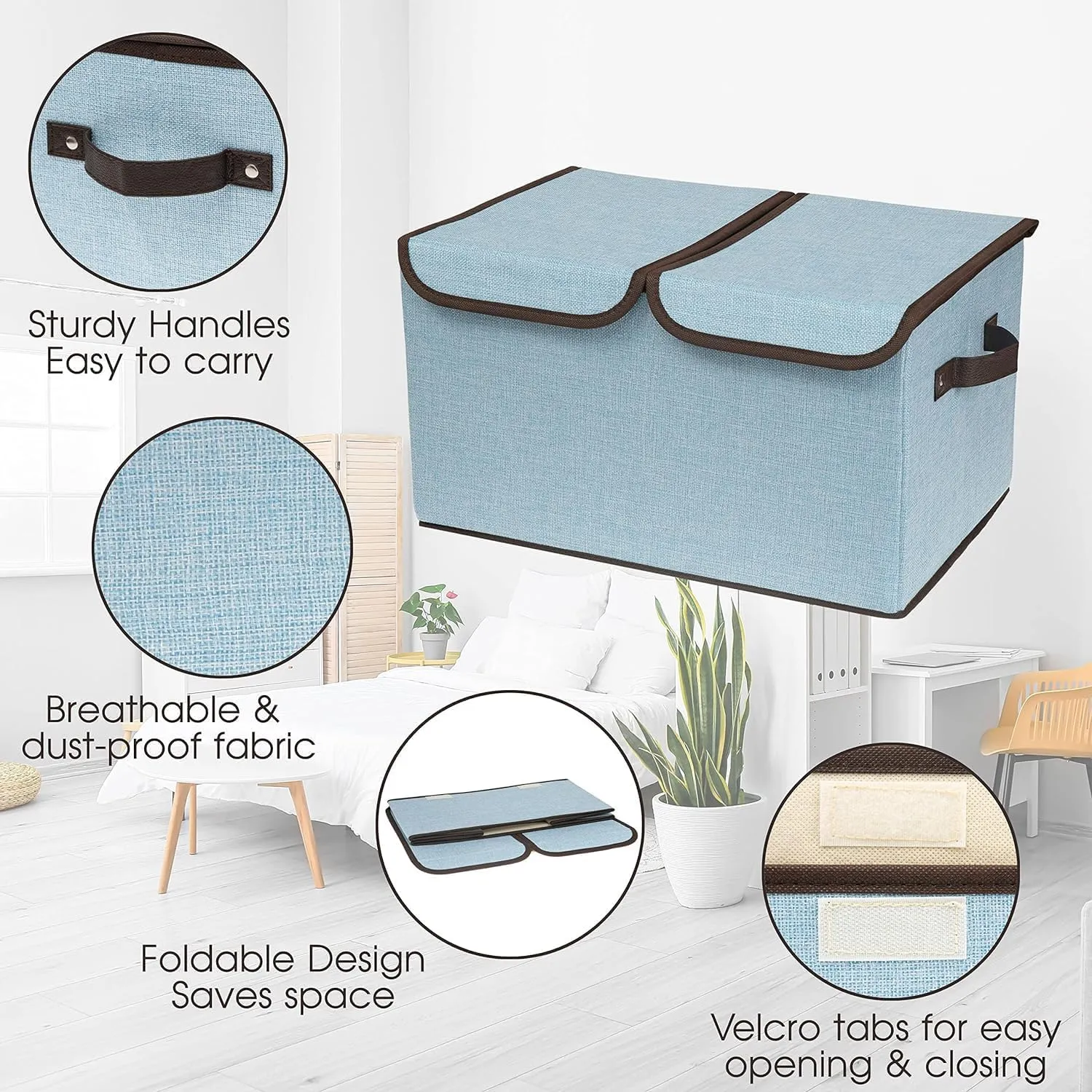 Kuber Industries Double Lid Foldable Storage Box|Toys Storage Bin|Wardrobe Organizer For Clothes|Front Handle & Stackable Pack Of-3 (Blue)