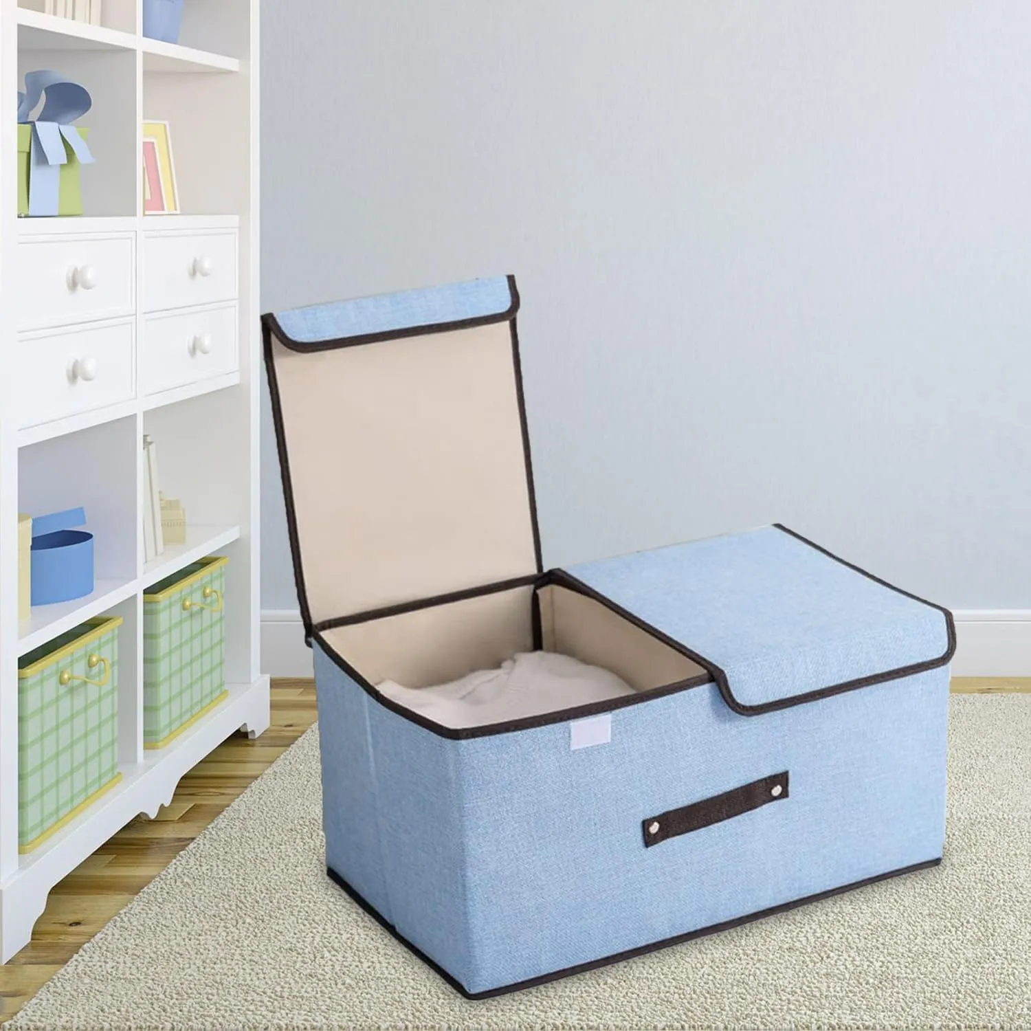Kuber Industries Double Lid Foldable Storage Box|Toys Storage Bin|Wardrobe Organizer For Clothes|Front Handle & Stackable Pack Of-3 (Blue)