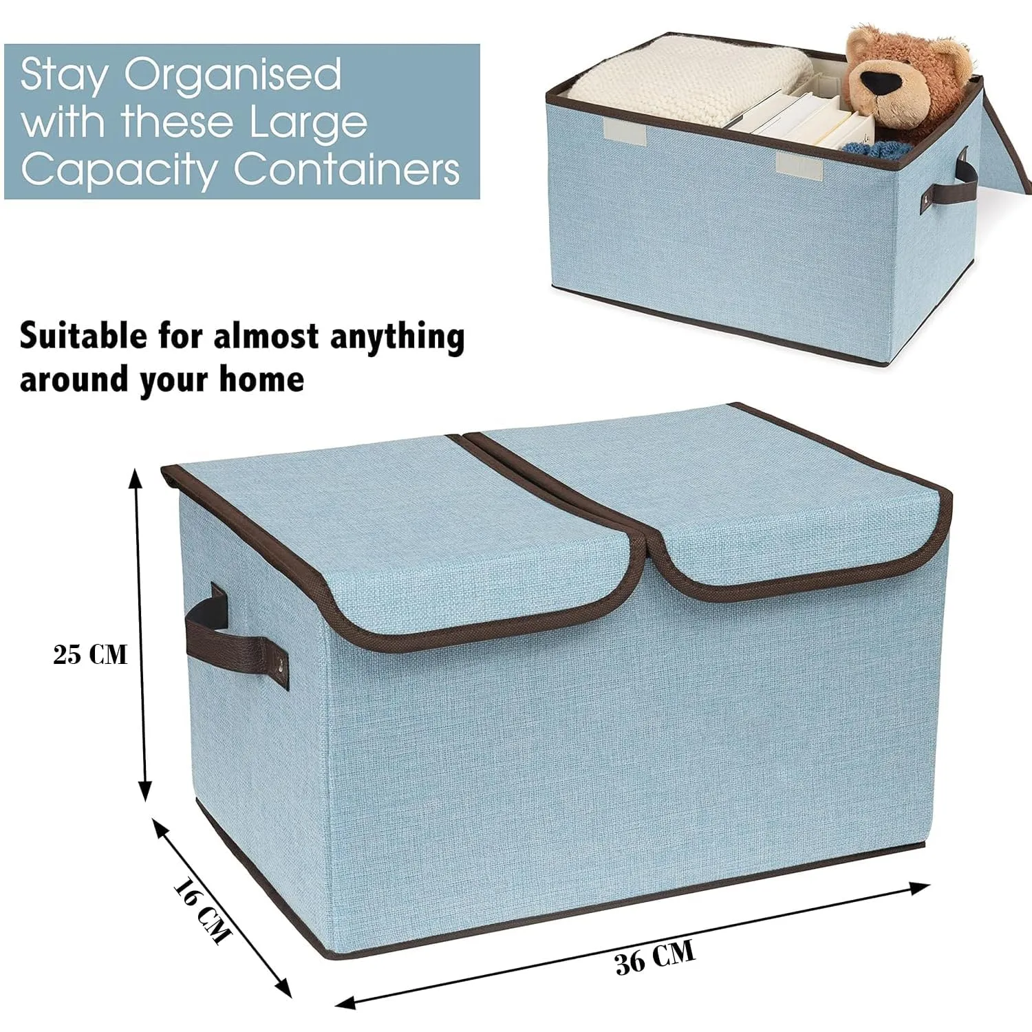 Kuber Industries Double Lid Foldable Storage Box|Toys Storage Bin|Wardrobe Organizer For Clothes|Front Handle & Stackable Pack Of-3 (Blue)