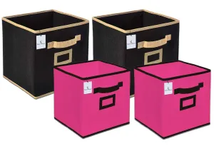 Kuber Industries Non Woven 4 Pieces Small & Large Foldable Storage Organiser Cubes/Boxes (Black & Pink) - CTKTC035339