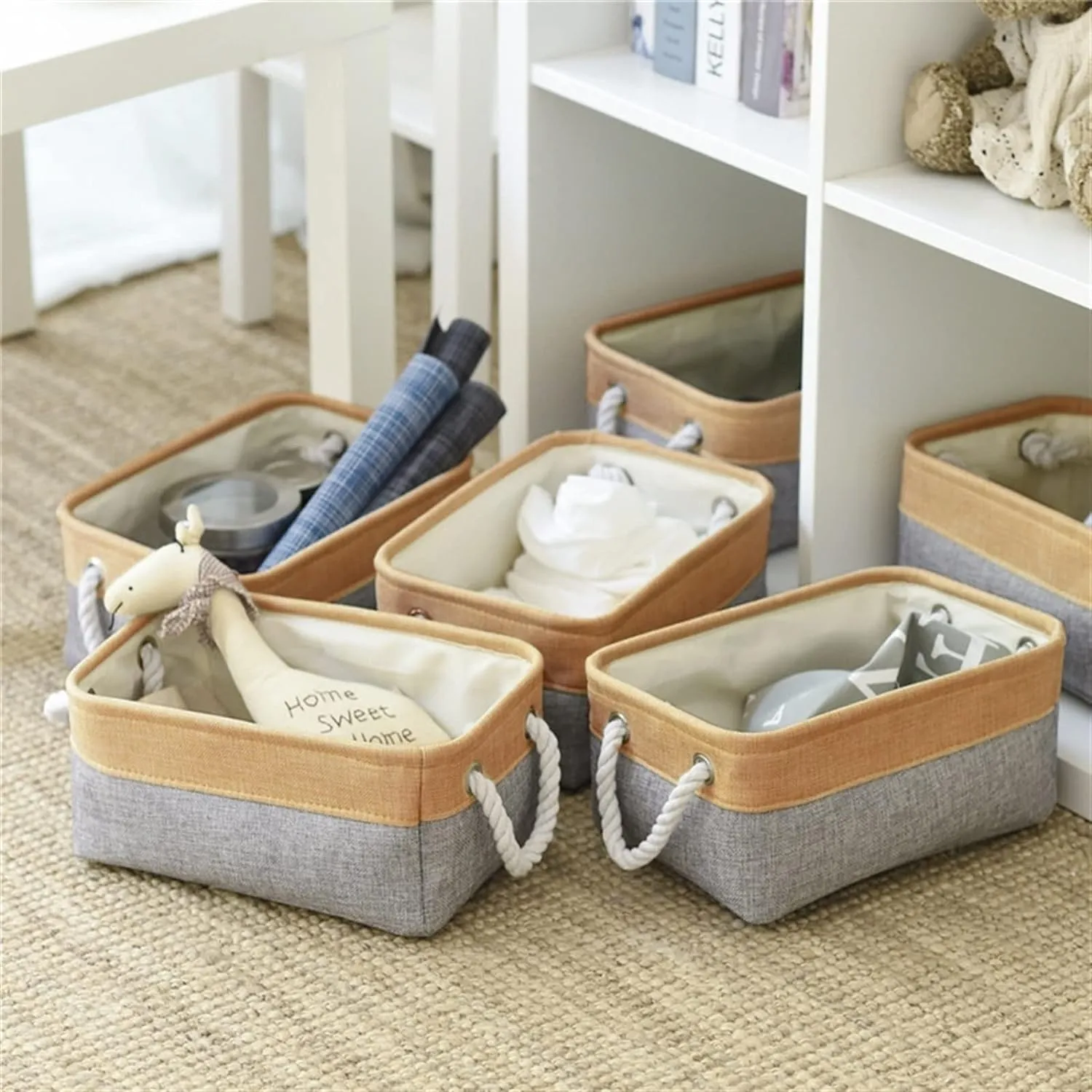 Kuber Industries Pack Of 6 Stackable Storage Basket|Foldable Toy Storage Bin|Wardrobe Organizer For Clothes|3 Different Sizes (Grey & Brown)
