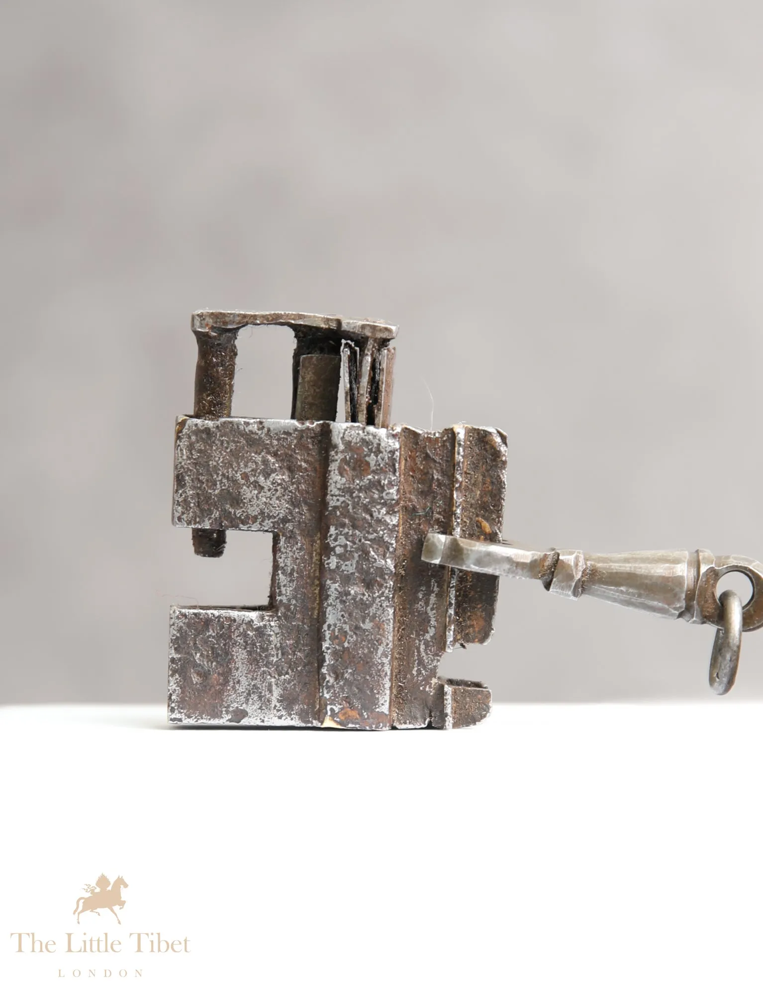 Rare 18th Century Tibetan Padlock &amp; Key - Antique Temple Slide-Key Lock