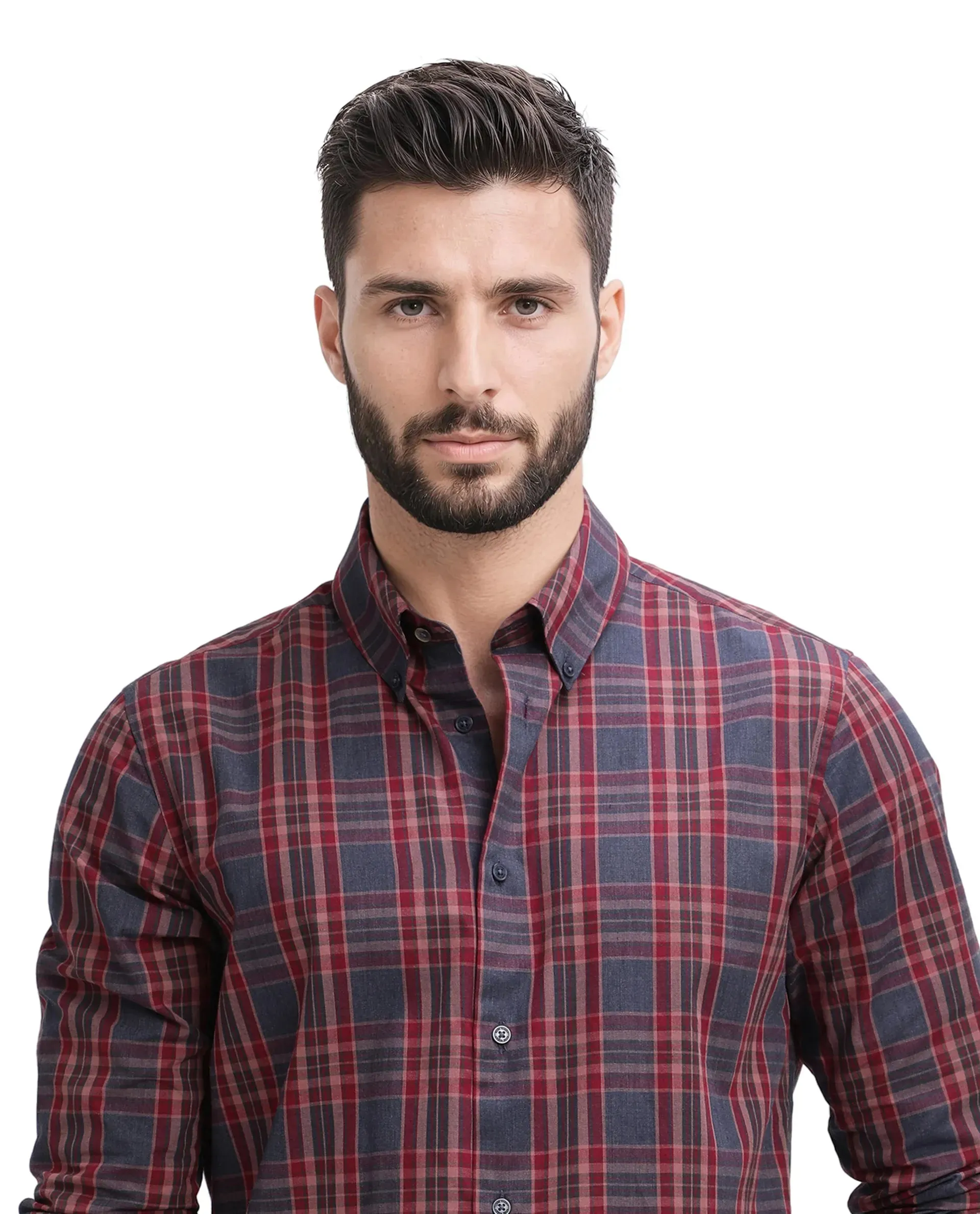 Rare Rabbit Men's Libya Red Cotton Fabric Full Sleeve Collared Neck Checks Shirt
