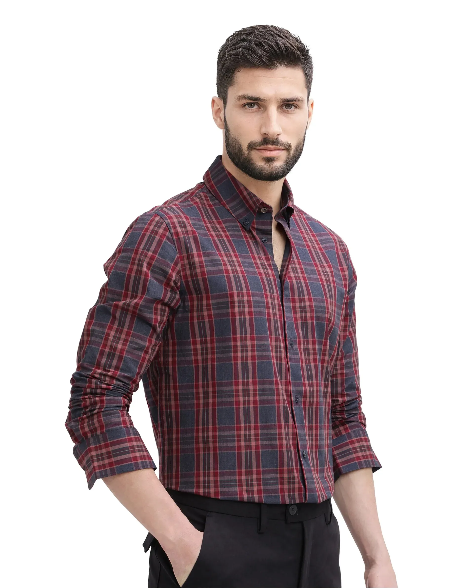 Rare Rabbit Men's Libya Red Cotton Fabric Full Sleeve Collared Neck Checks Shirt