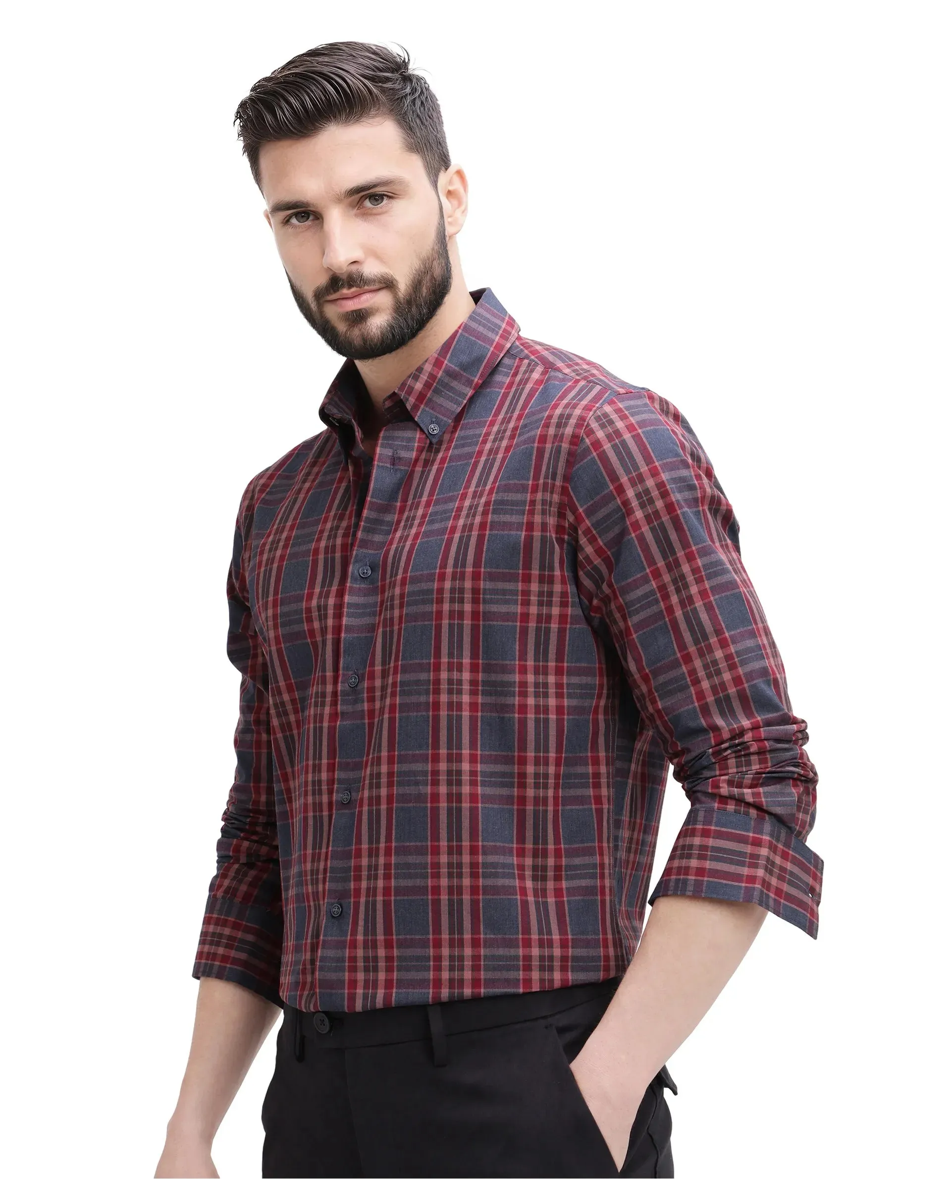 Rare Rabbit Men's Libya Red Cotton Fabric Full Sleeve Collared Neck Checks Shirt