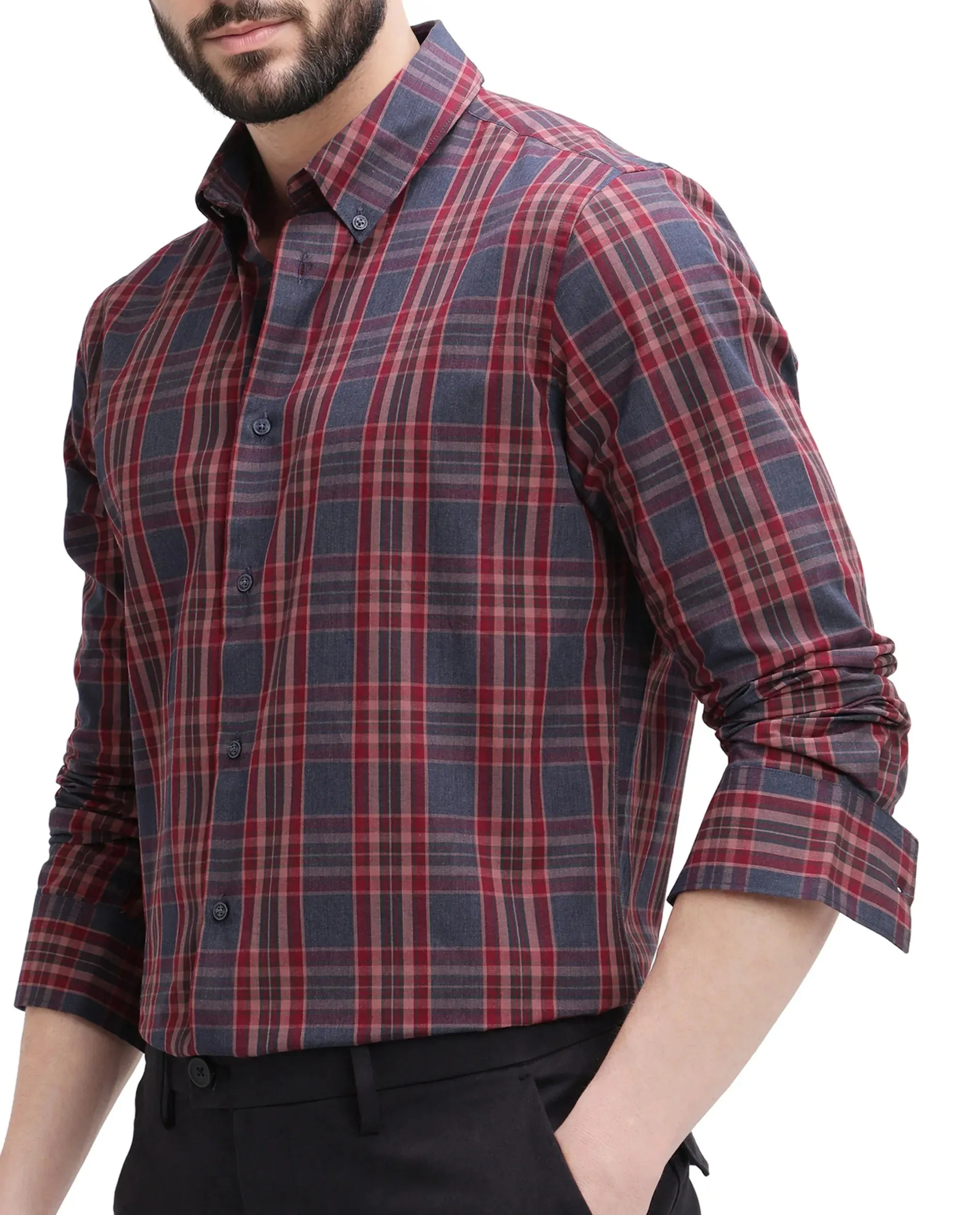Rare Rabbit Men's Libya Red Cotton Fabric Full Sleeve Collared Neck Checks Shirt