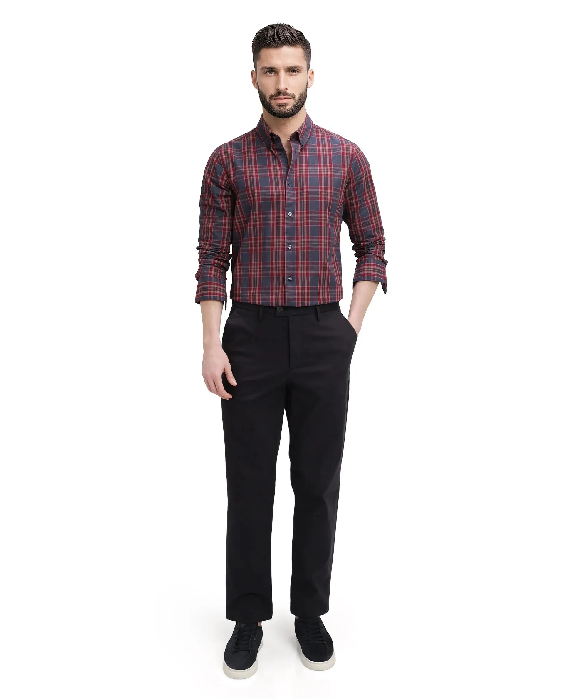 Rare Rabbit Men's Libya Red Cotton Fabric Full Sleeve Collared Neck Checks Shirt