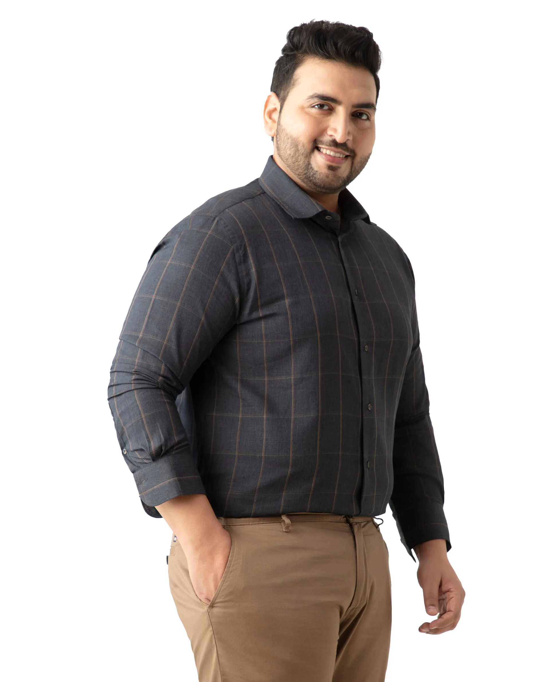 Rare Rabbit Men's Ropos-2 Grey Cotton Fabric Full Sleeve Collared Neck Checks Shirt Plus Size