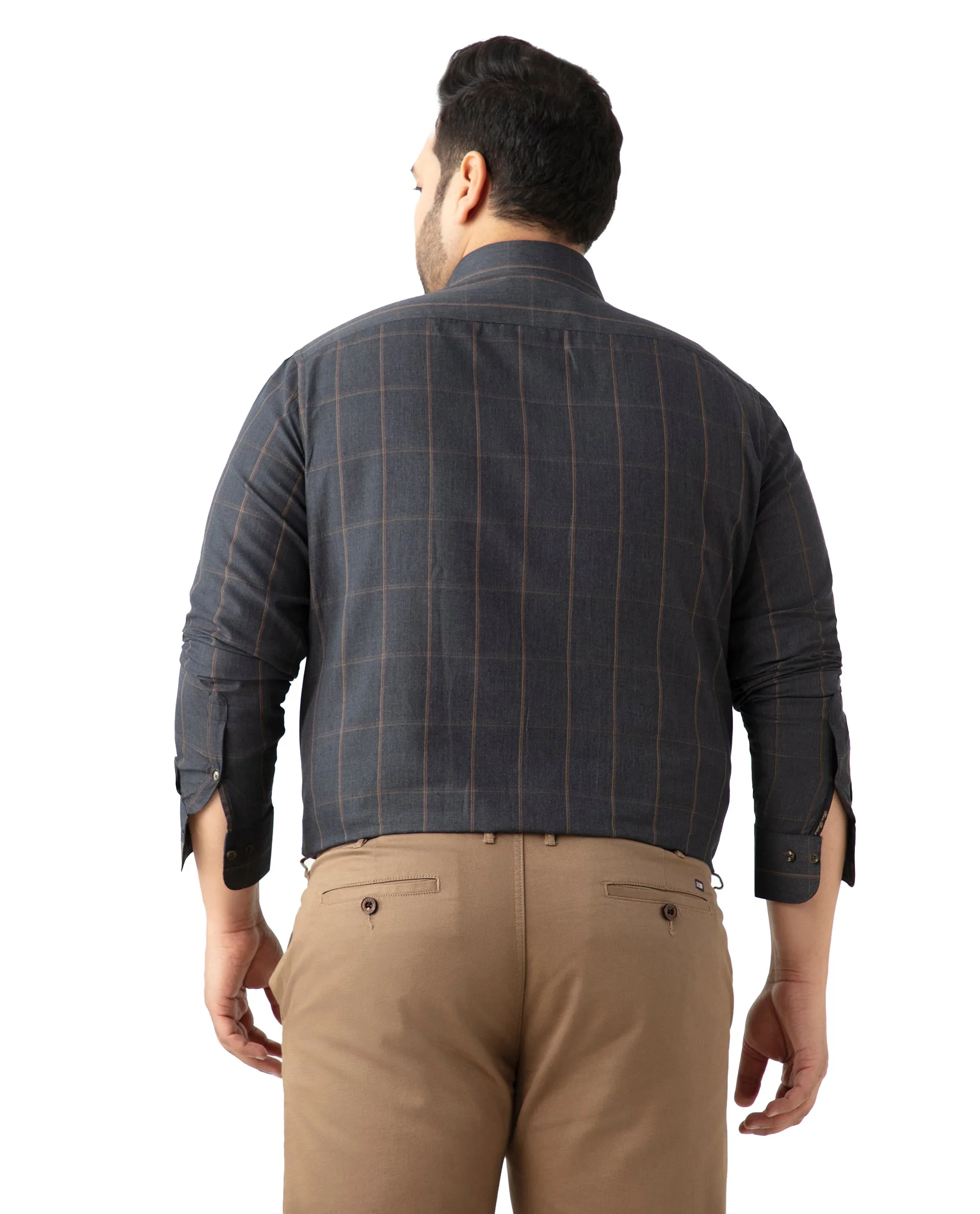Rare Rabbit Men's Ropos-2 Grey Cotton Fabric Full Sleeve Collared Neck Checks Shirt Plus Size