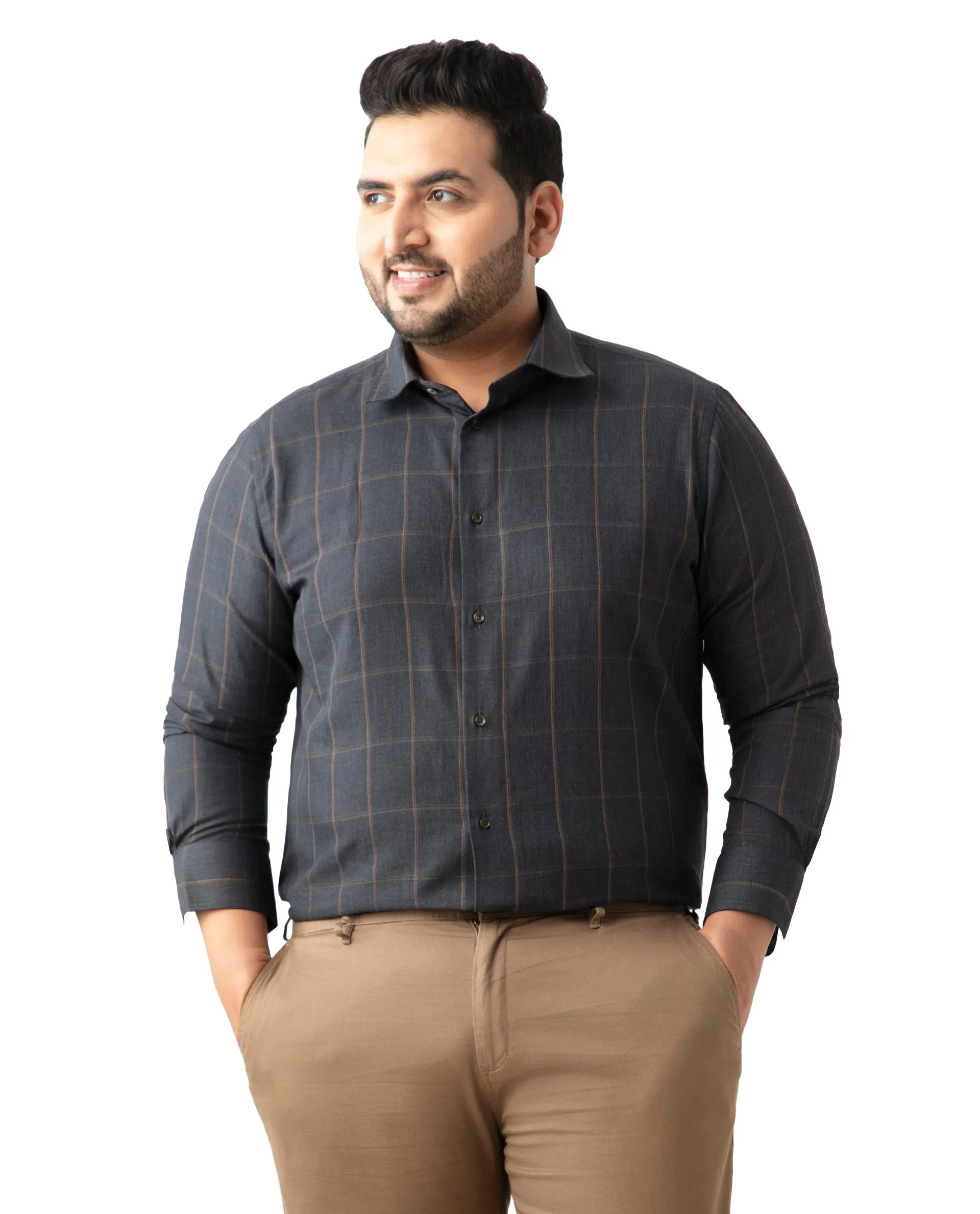 Rare Rabbit Men's Ropos-2 Grey Cotton Fabric Full Sleeve Collared Neck Checks Shirt Plus Size