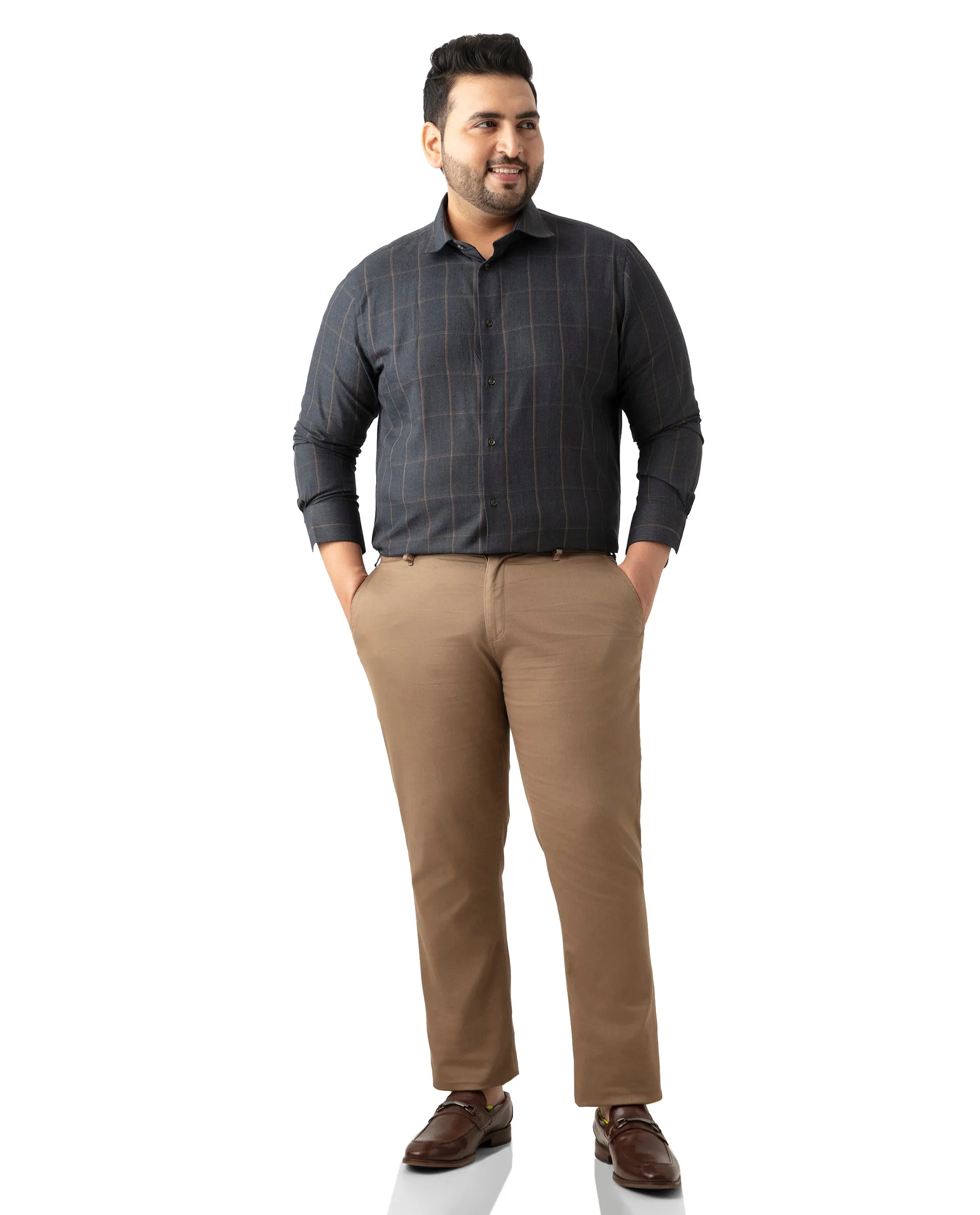 Rare Rabbit Men's Ropos-2 Grey Cotton Fabric Full Sleeve Collared Neck Checks Shirt Plus Size