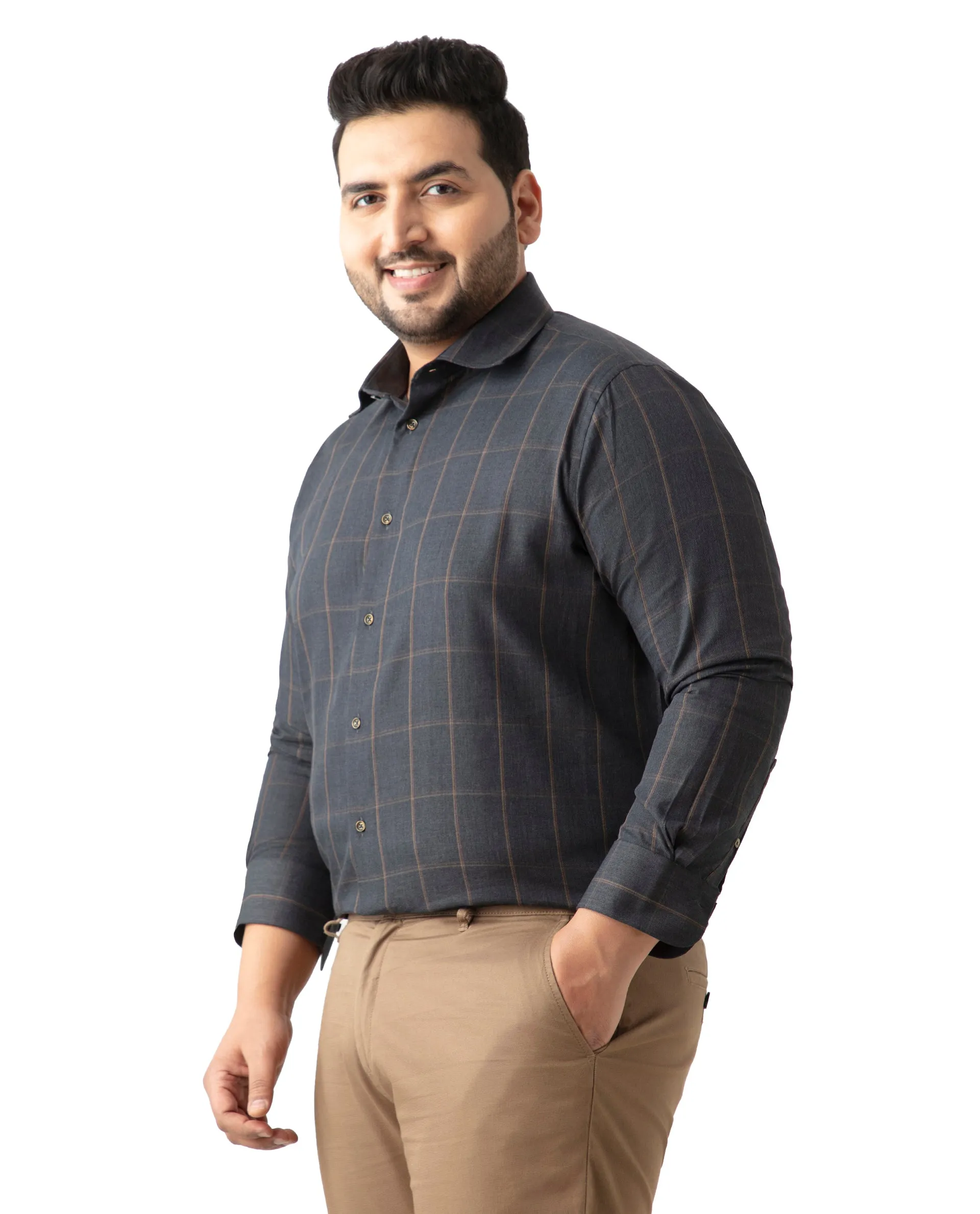 Rare Rabbit Men's Ropos-2 Grey Cotton Fabric Full Sleeve Collared Neck Checks Shirt Plus Size