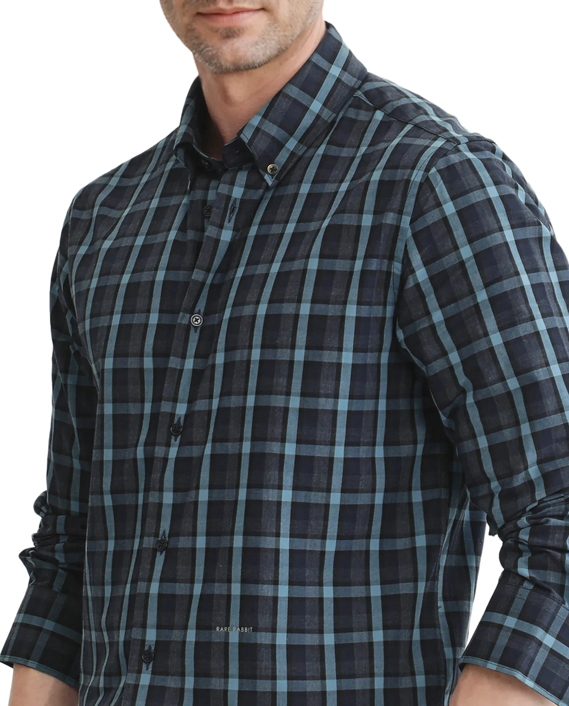 Rare Rabbit Men's Senf Navy Cotton Fabric Full Sleeve Collared Neck Checks Shirt