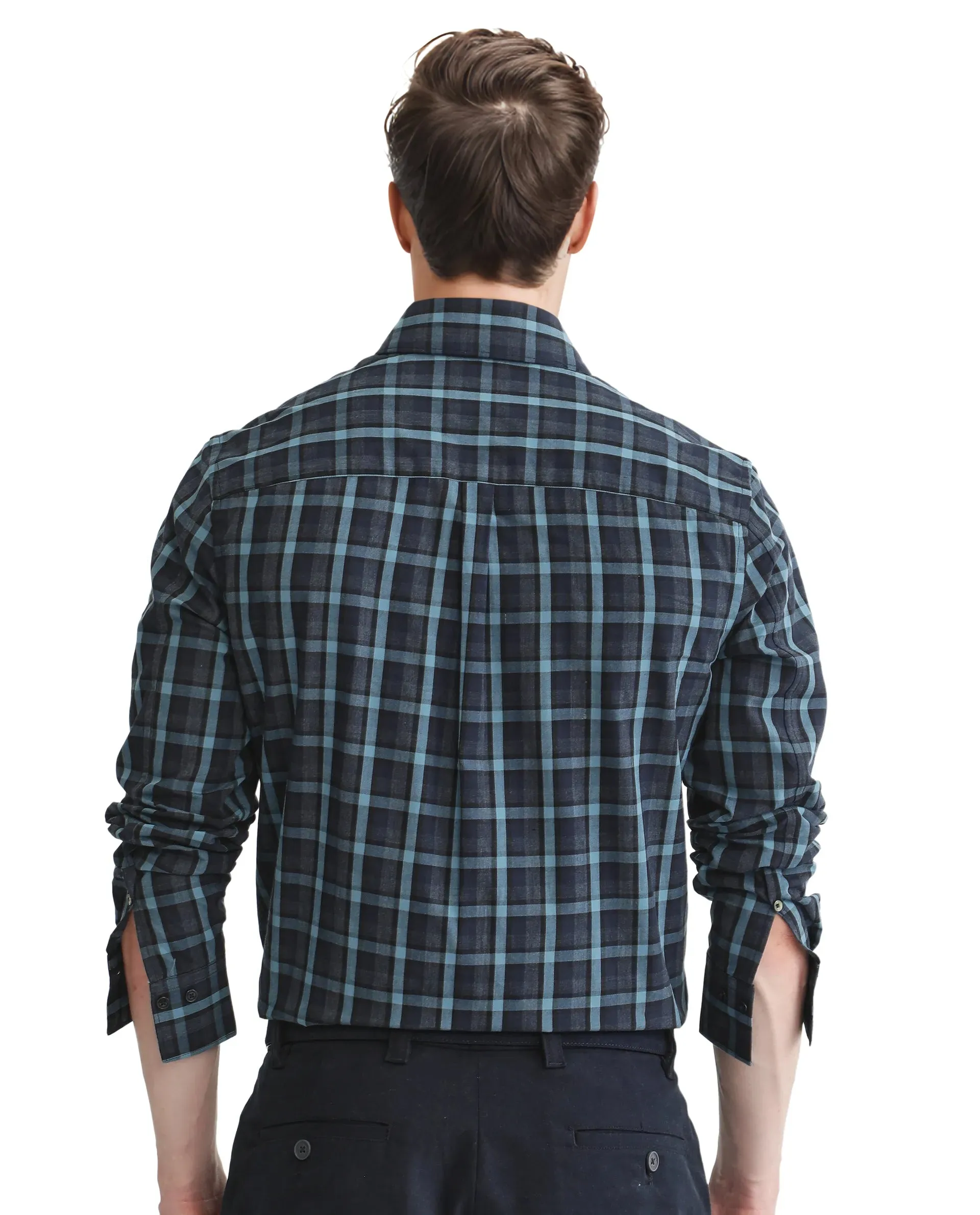 Rare Rabbit Men's Senf Navy Cotton Fabric Full Sleeve Collared Neck Checks Shirt